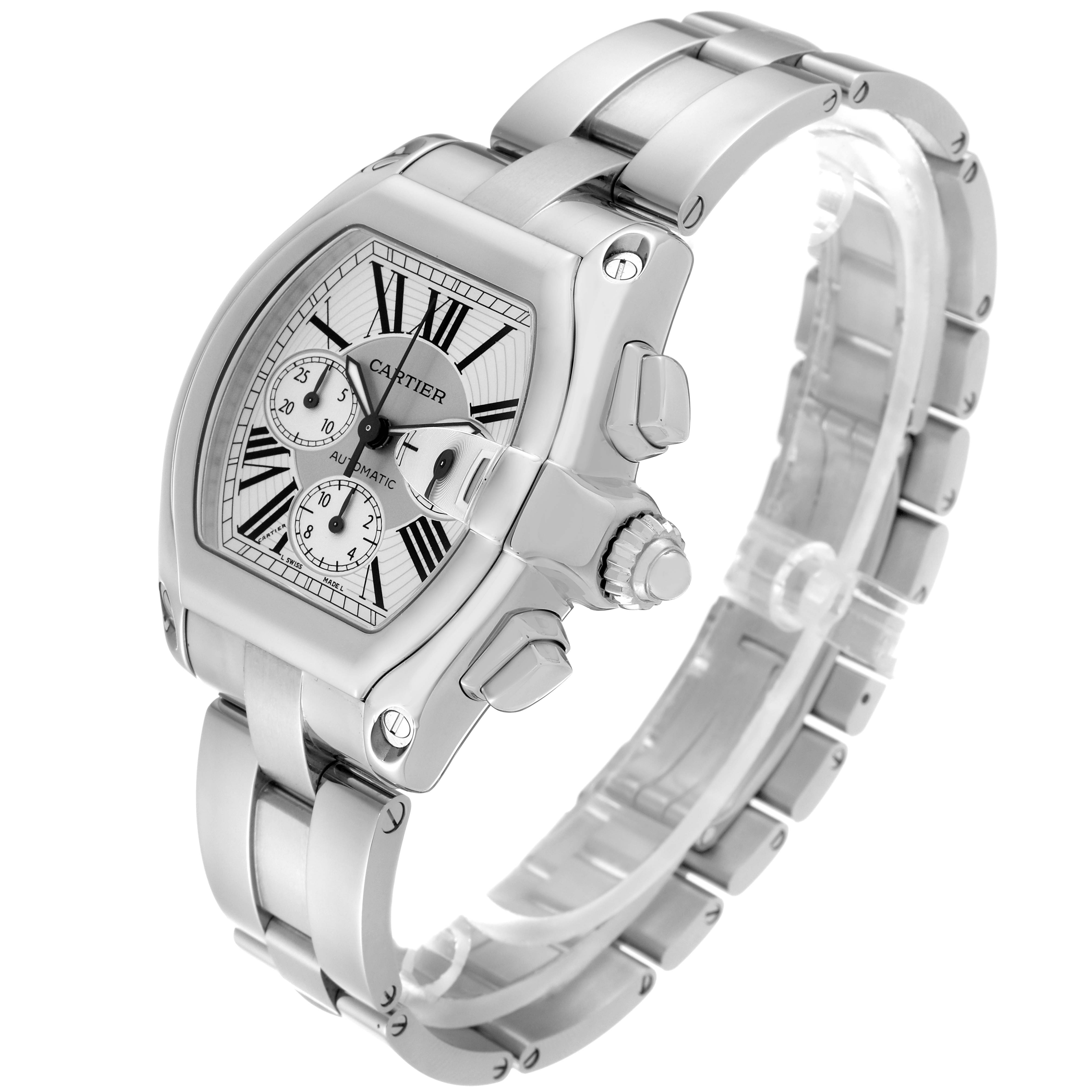 This Cartier Roadster W62019X6 Men's Stainless Steel Silver Dial W62019X6 Men's Stainless Steel Silver Dial watch is shown at a three-quarter angle, highlighting the face, bezel, crown, and part of the bracelet.