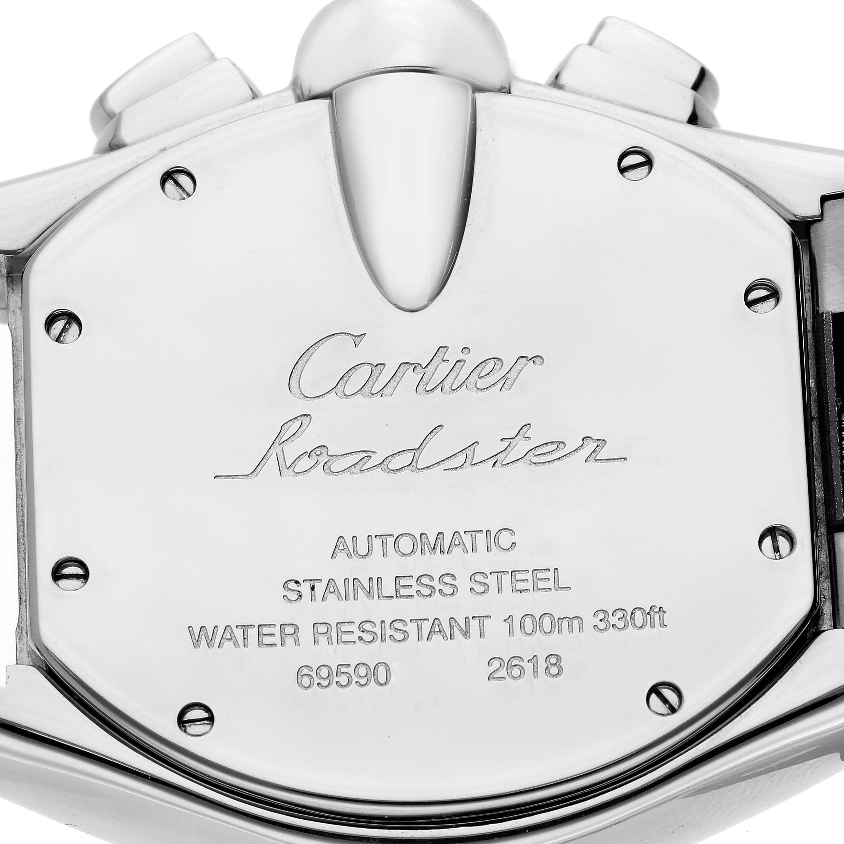 This image shows the back case of a Cartier Roadster W62019X6 Men's Stainless Steel Silver Dial W62019X6 Men's Stainless Steel Silver Dial watch, detailing its automatic movement and water resistance.
