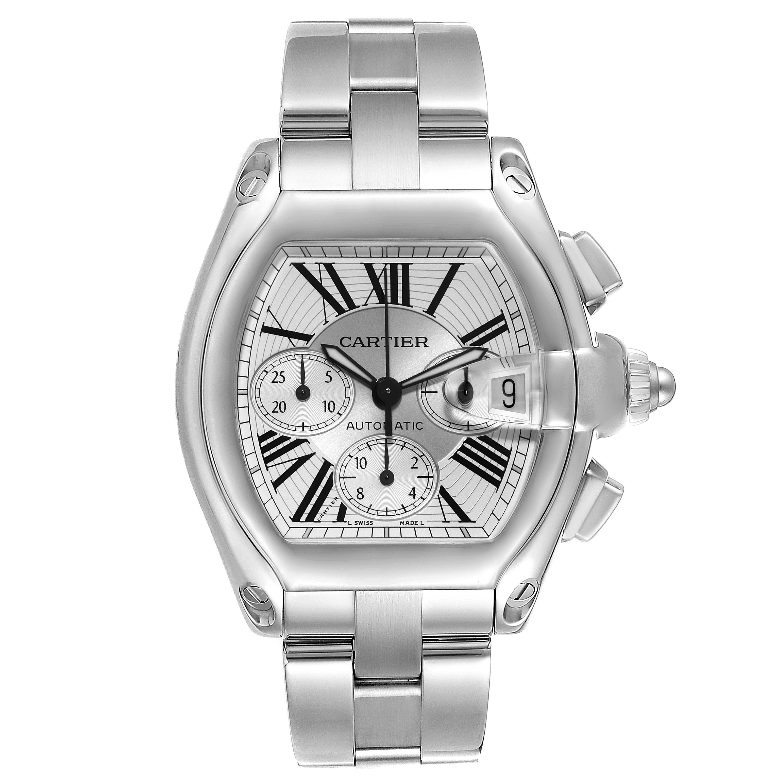 The image shows a frontal view of a Cartier Roadster W62019X6 Men's Stainless Steel Silver Dial W62019X6 Men's Stainless Steel Silver Dial watch, highlighting its dial, bracelet, and magnified date feature.