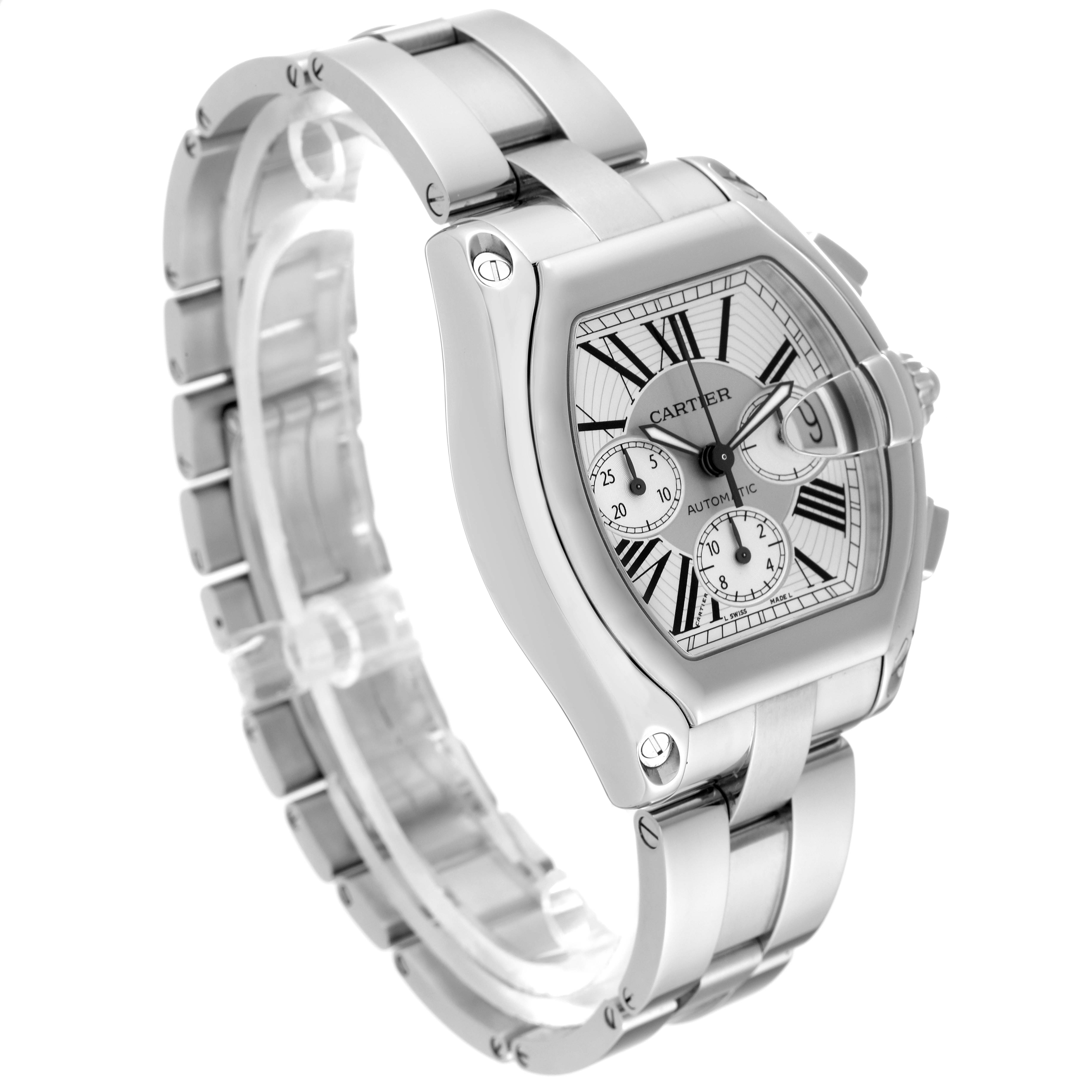 The Cartier Roadster W62019X6 Men's Stainless Steel Silver Dial W62019X6 Men's Stainless Steel Silver Dial watch is shown at a three-quarter angle, displaying its face, dial, and bracelet.