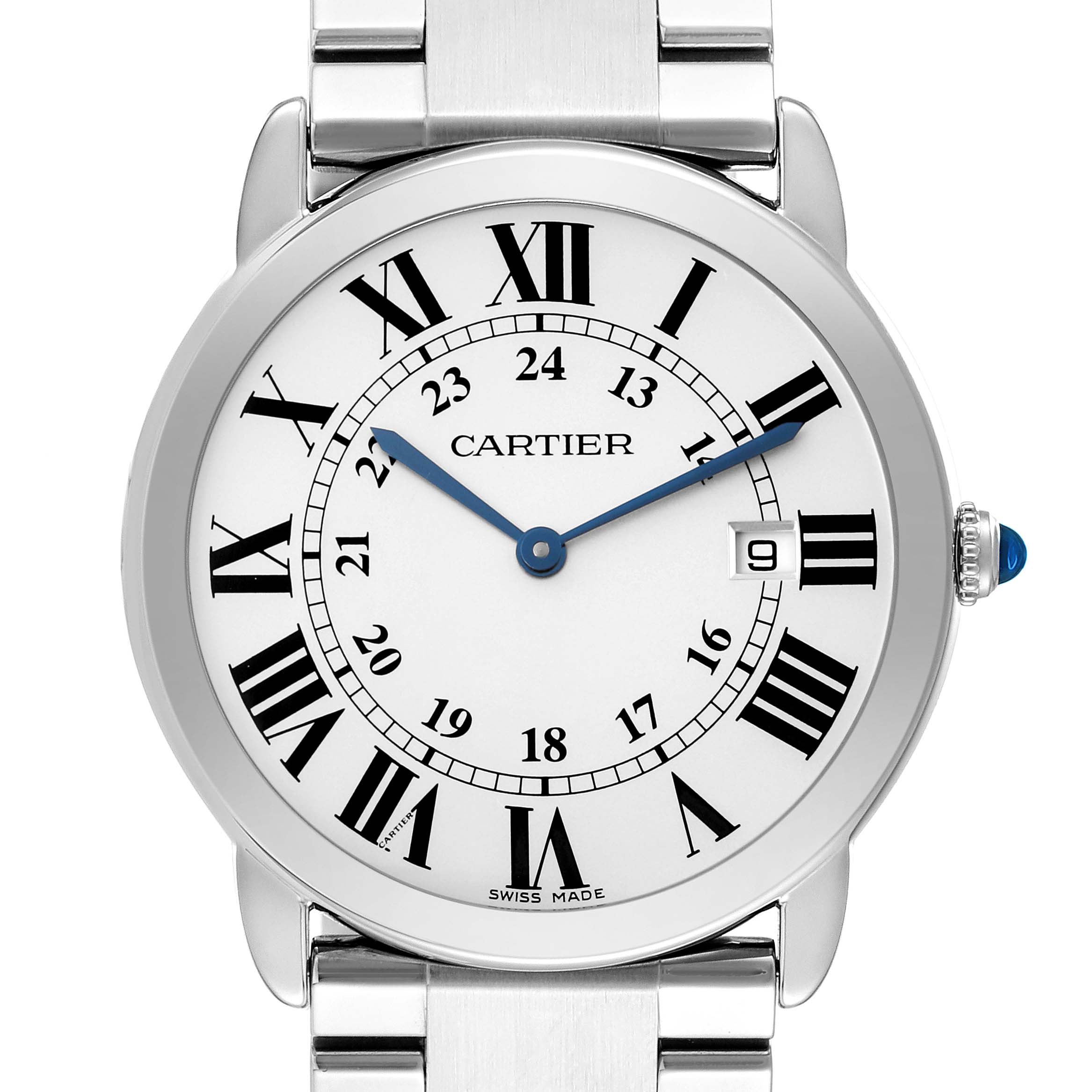 The Cartier Ronde W6701005 Men's Stainless Steel Silver Dial watch is shown from a top-down angle, displaying the dial, hands, bracelet, and crown.