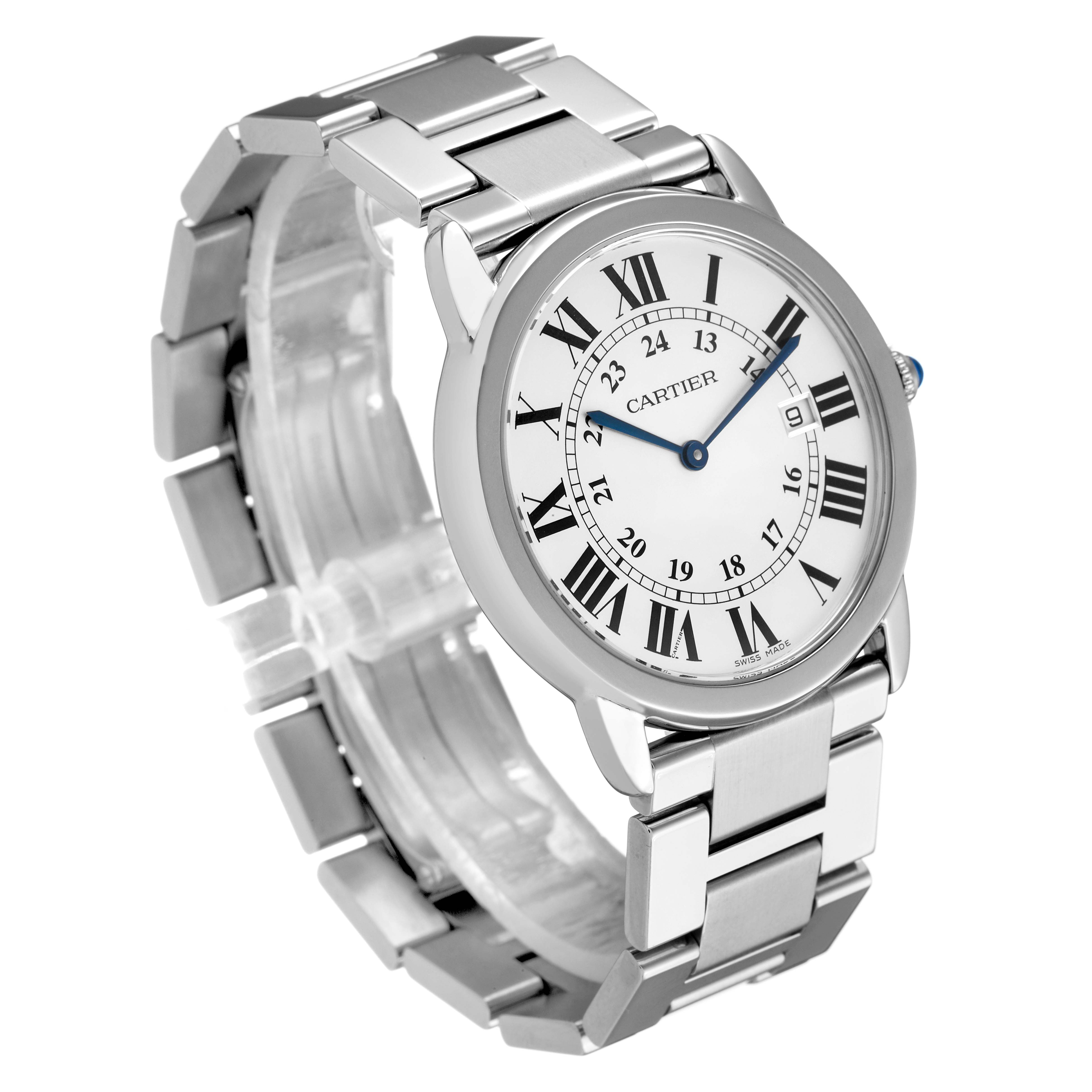 The Cartier Ronde W6701005 Men's Stainless Steel Silver Dial watch is shown at a slight angle, highlighting the dial, bracelet, and lugs.