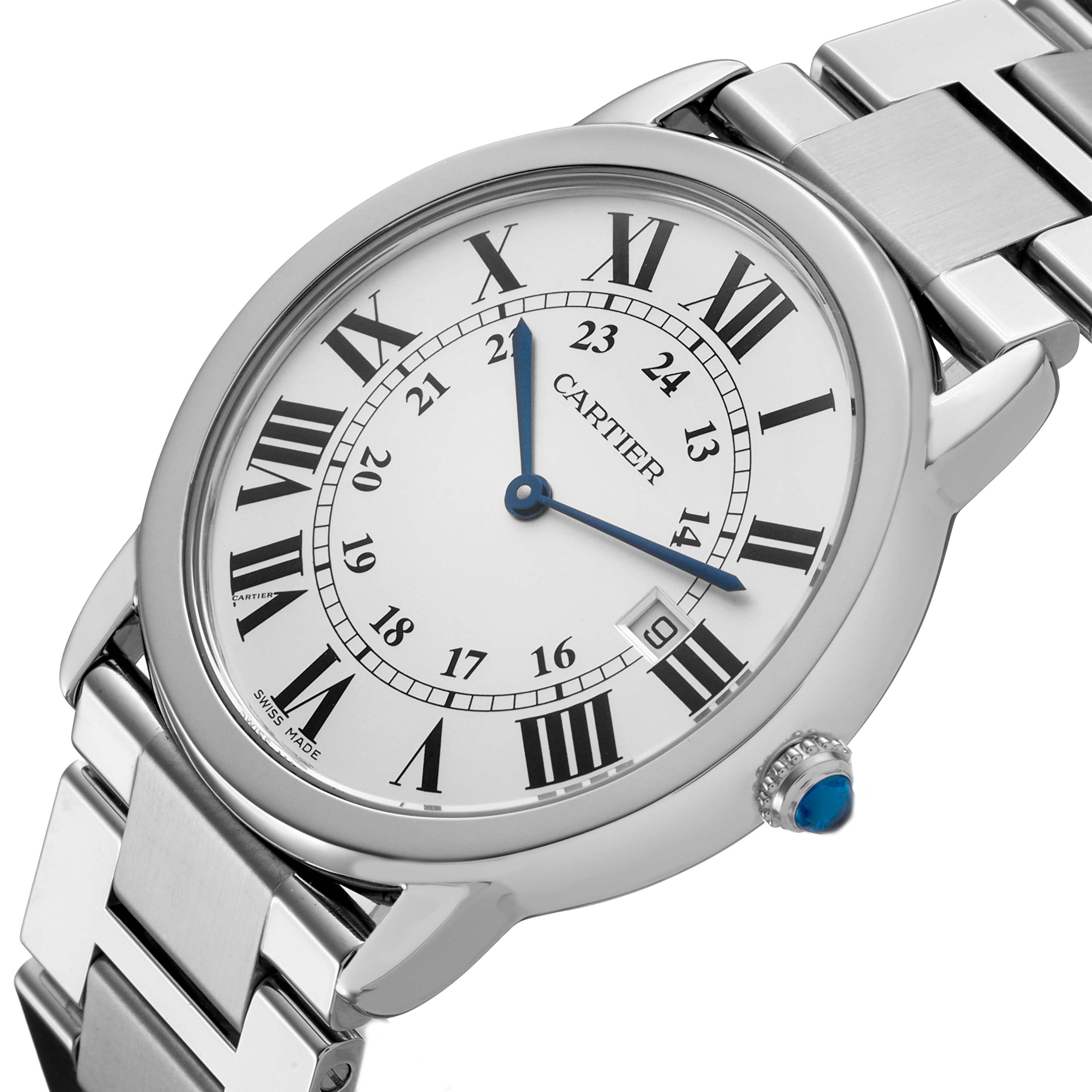 The Cartier Ronde W6701005 Men's Stainless Steel Silver Dial watch is shown at an angled side view, highlighting the face, bracelet, and crown with a blue gem.