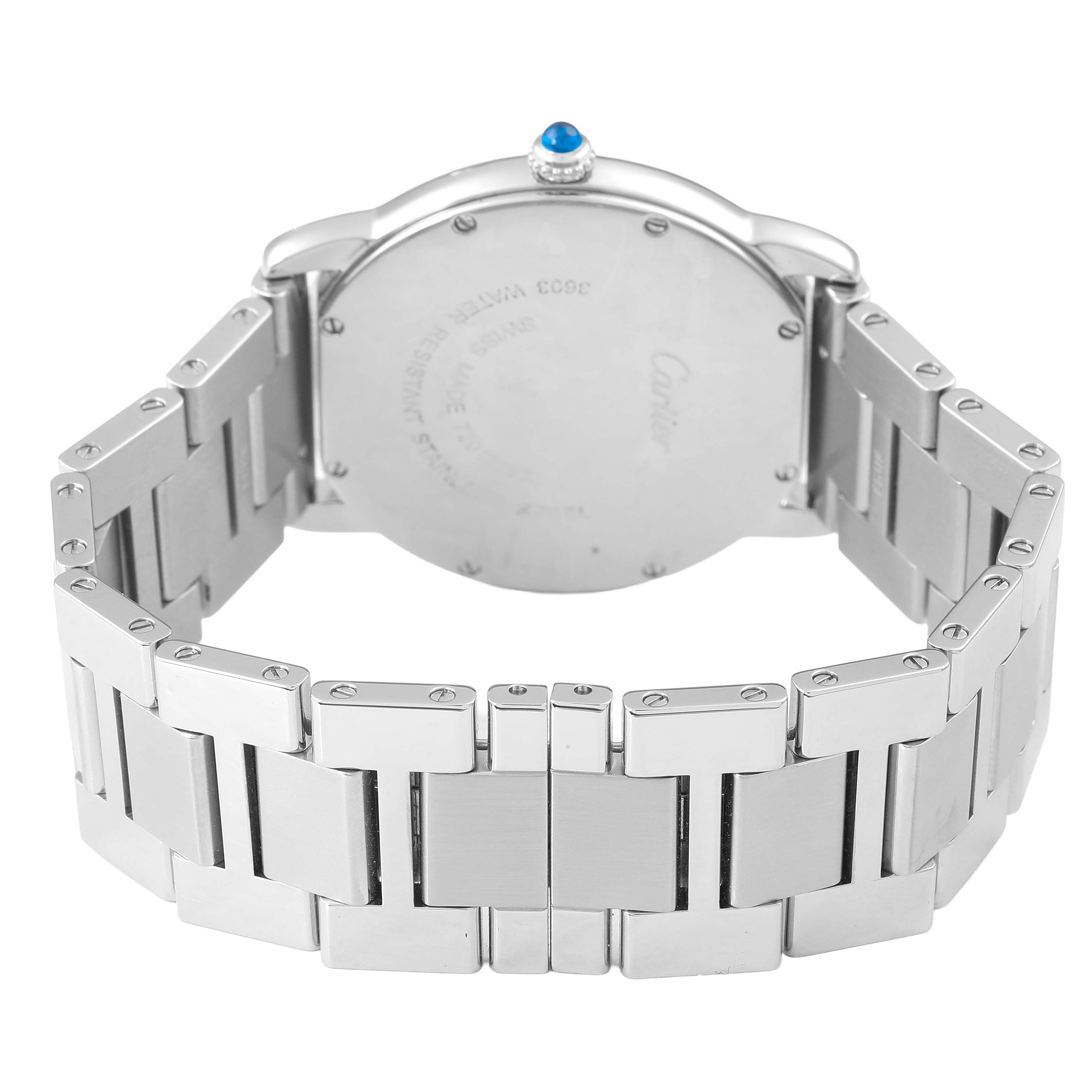 The image shows the back view of the Cartier Ronde W6701005 Men's Stainless Steel Silver Dial model, highlighting the bracelet and case back.