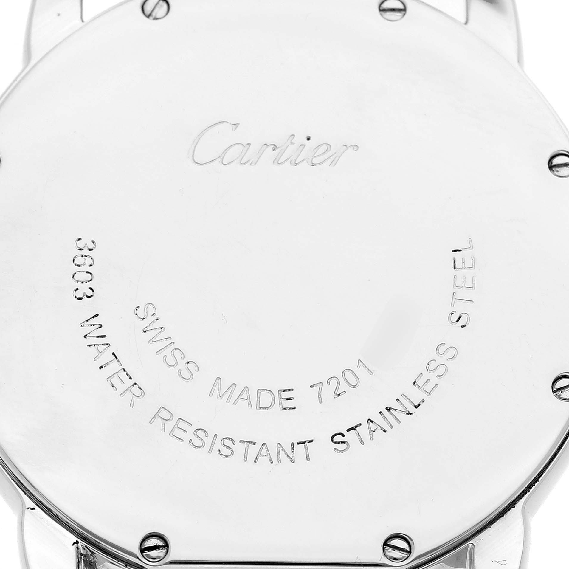 The image shows the case back of a Cartier Ronde W6701005 Men's Stainless Steel Silver Dial watch with engraved details.