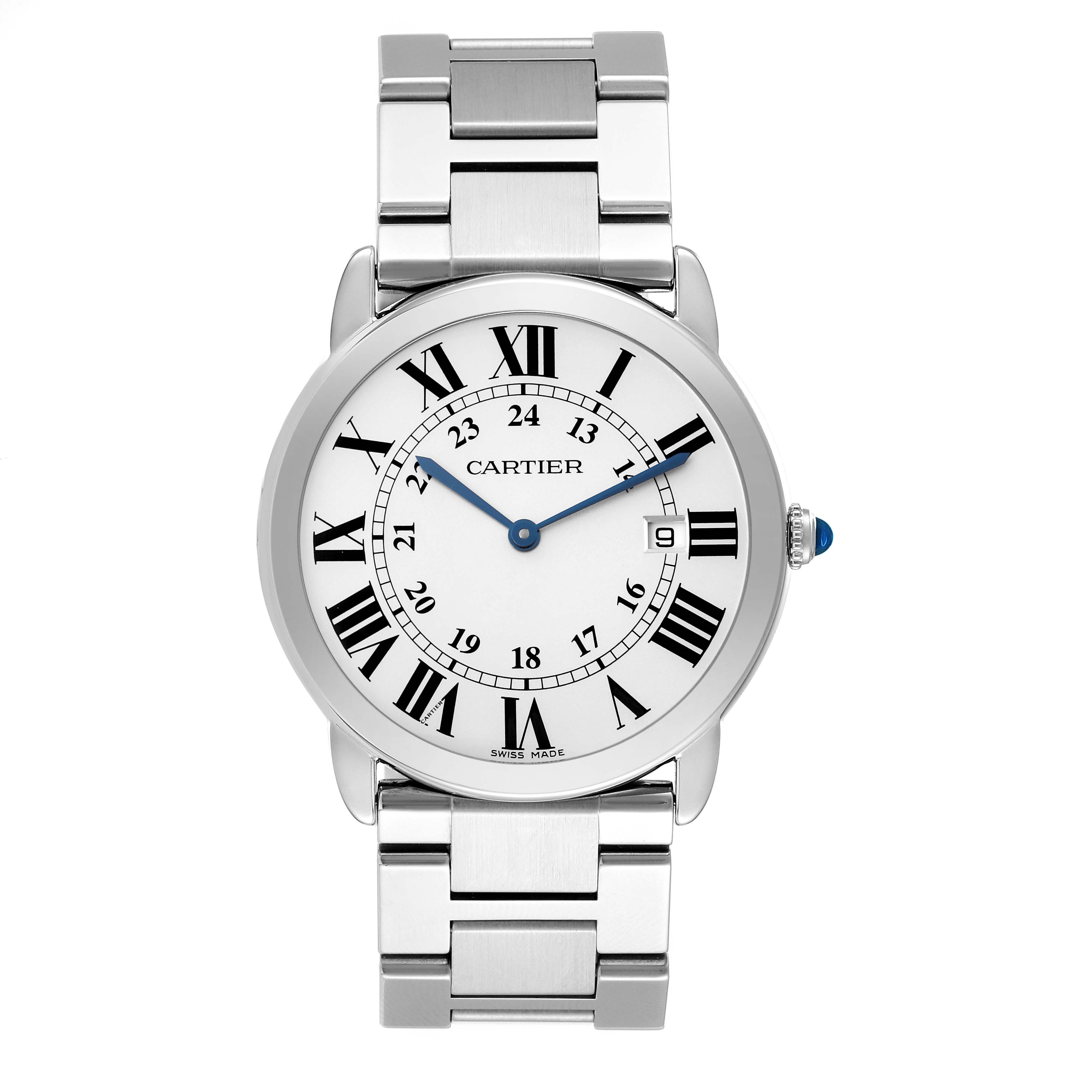 The Cartier Ronde W6701005 Men's Stainless Steel Silver Dial watch is shown from a front angle, displaying its face and metal bracelet.