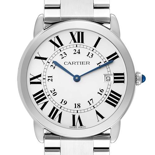 The Cartier Ronde W6701005 Men's Stainless Steel Silver Dial watch is shown from a front angle, featuring its dial, Roman numerals, date window, and a metallic strap.