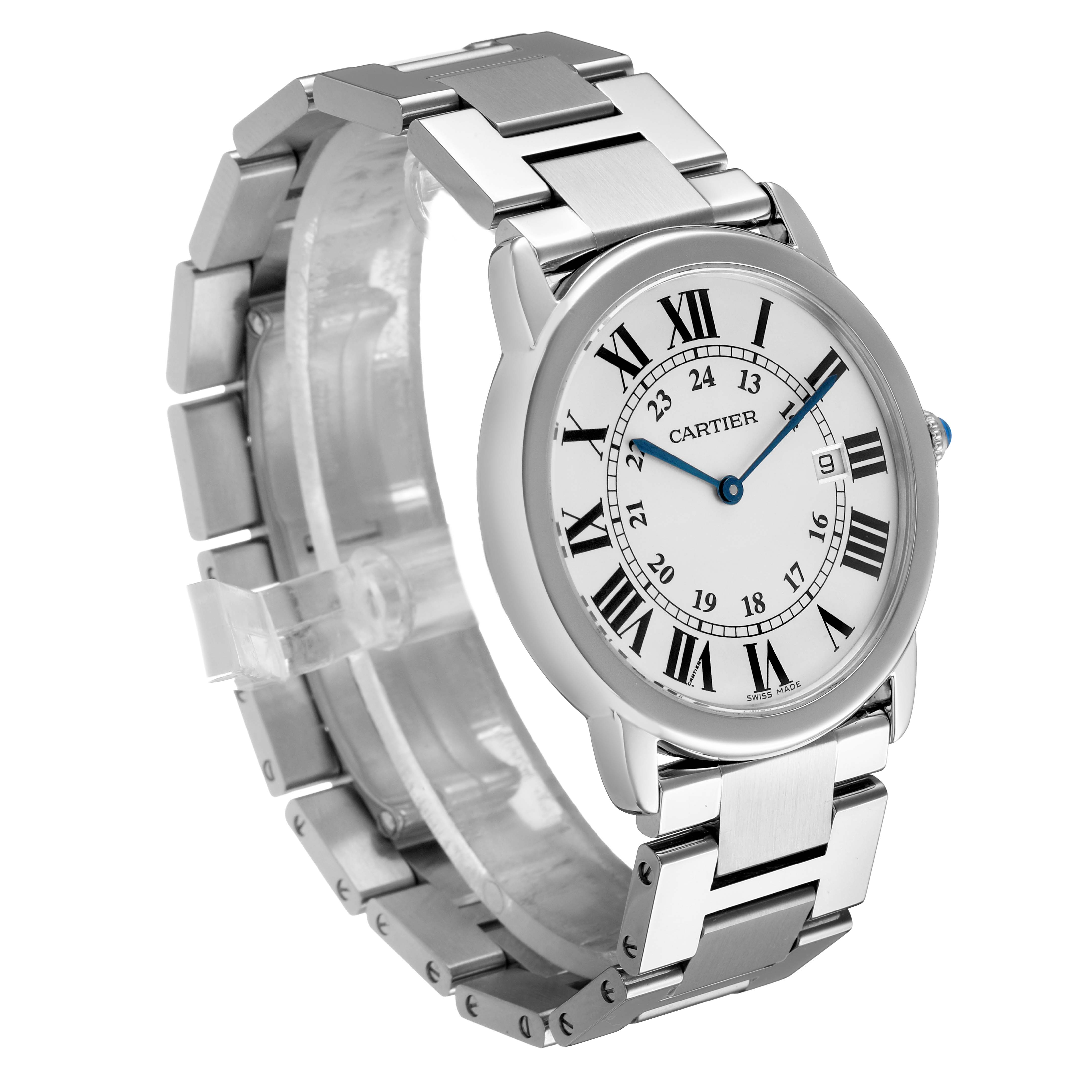 The Cartier Ronde W6700255 Men's Stainless Steel Silver Dial watch is shown at a three-quarter angle, displaying the face, bezel, and metal bracelet.