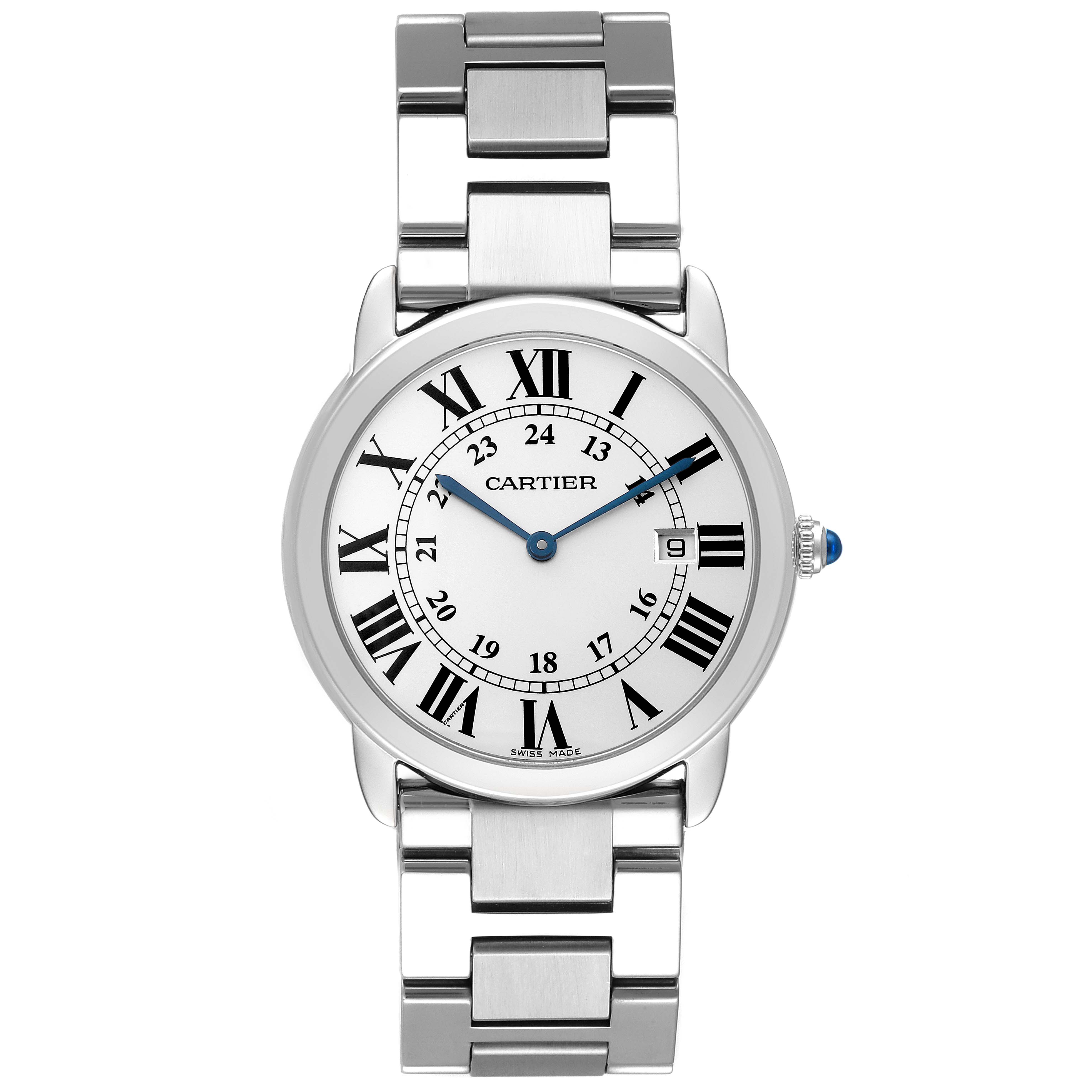 The Cartier Ronde W6700255 Men's Stainless Steel Silver Dial model watch is shown from a top view, displaying the dial, bracelet, and crown.