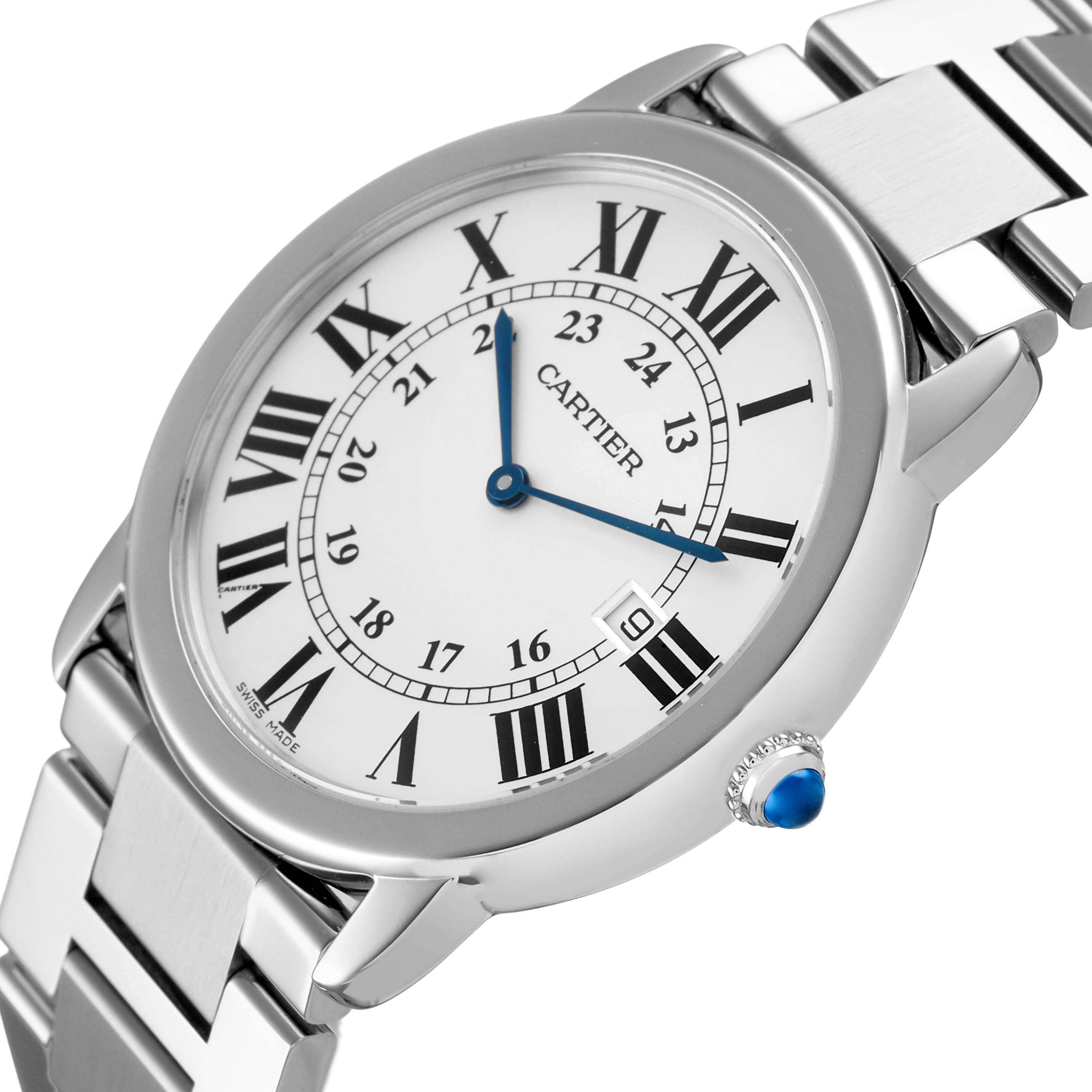 The Cartier Ronde W6700255 Men's Stainless Steel Silver Dial watch is shown from an angled top-down view, highlighting the face, Roman numerals, blue hands, crown, and metal bracelet.