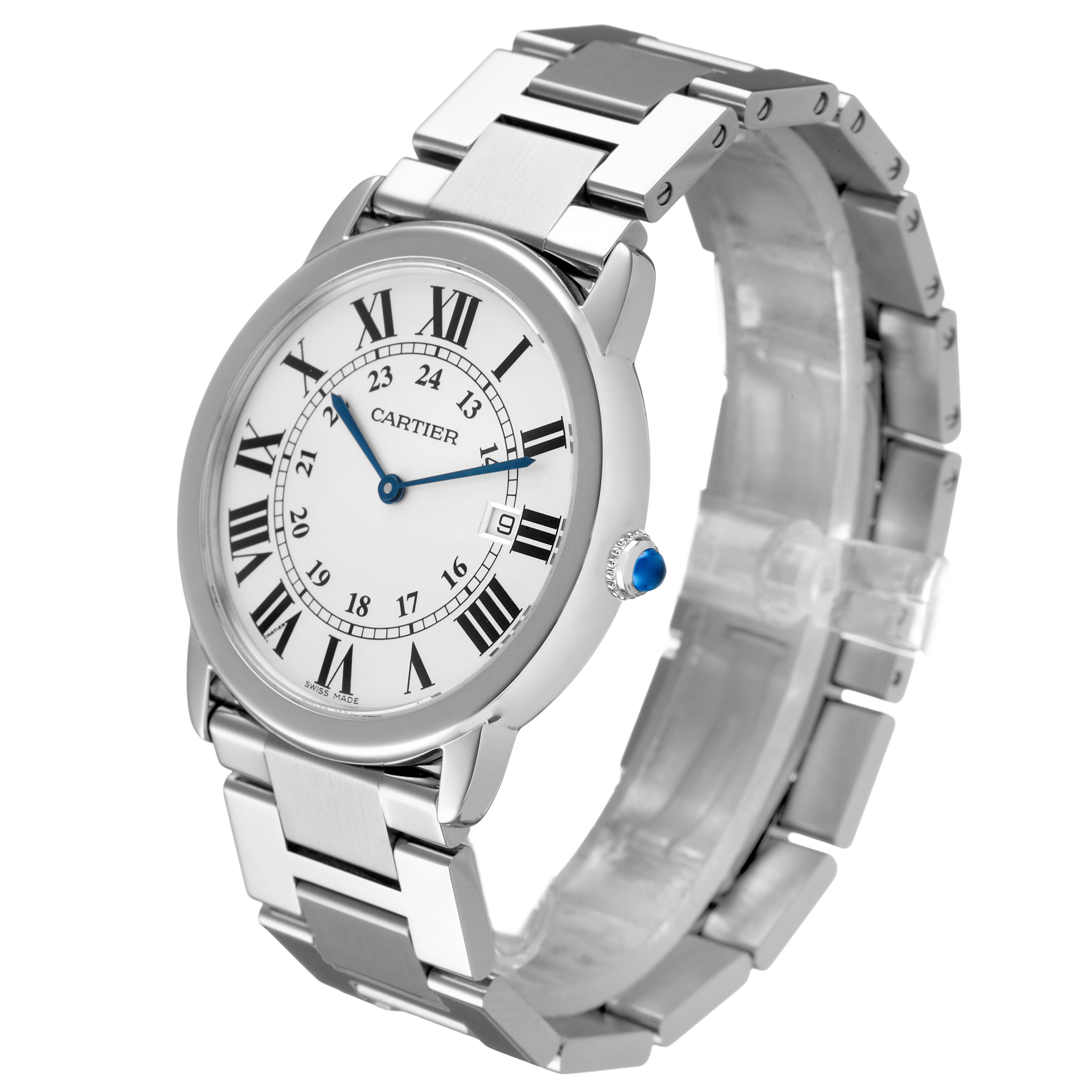 The Cartier Ronde W6700255 Men's Stainless Steel Silver Dial watch is shown from a three-quarter angle, highlighting its face, bracelet, and crown.