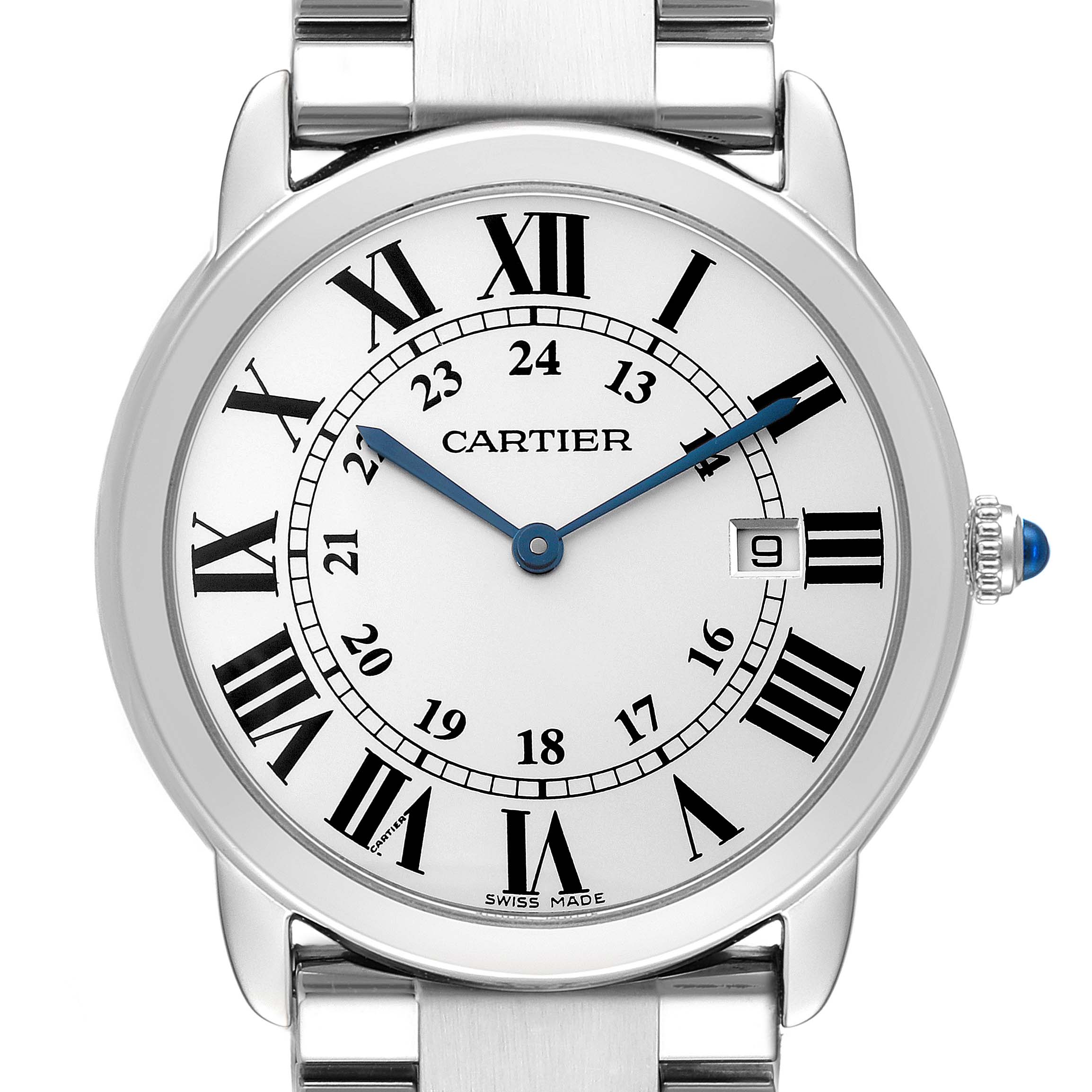 The Cartier Ronde W6700255 Men's Stainless Steel Silver Dial watch is shown from a frontal angle, highlighting the dial, Roman numerals, date window, and crown.