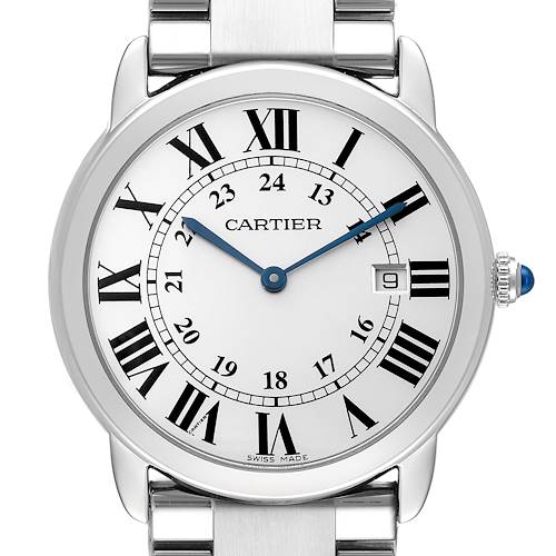 The Cartier Ronde W6700255 Men's Stainless Steel Silver Dial watch is shown from the front, displaying the dial with Roman numerals, blue hands, date window, and part of the bracelet.