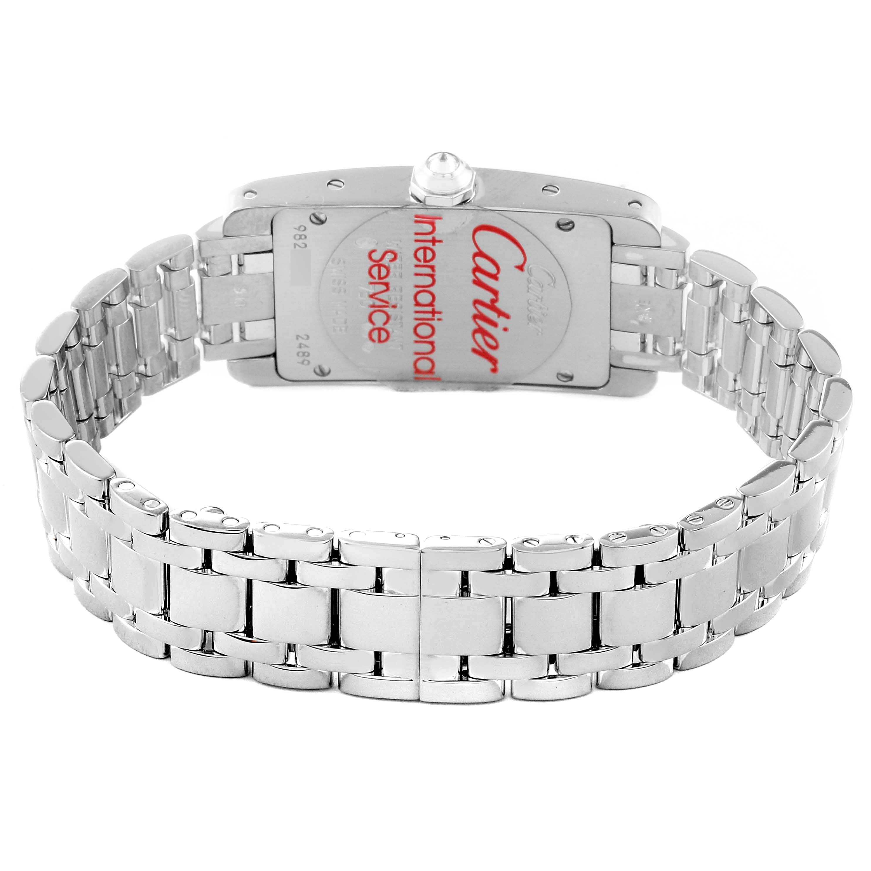 The image shows the back of a Cartier Tank Americaine WB7073L1 Women's White Gold Silver Dial WB7073L1 Women's White Gold Silver Dial model watch, showcasing its metal bracelet and clasp.