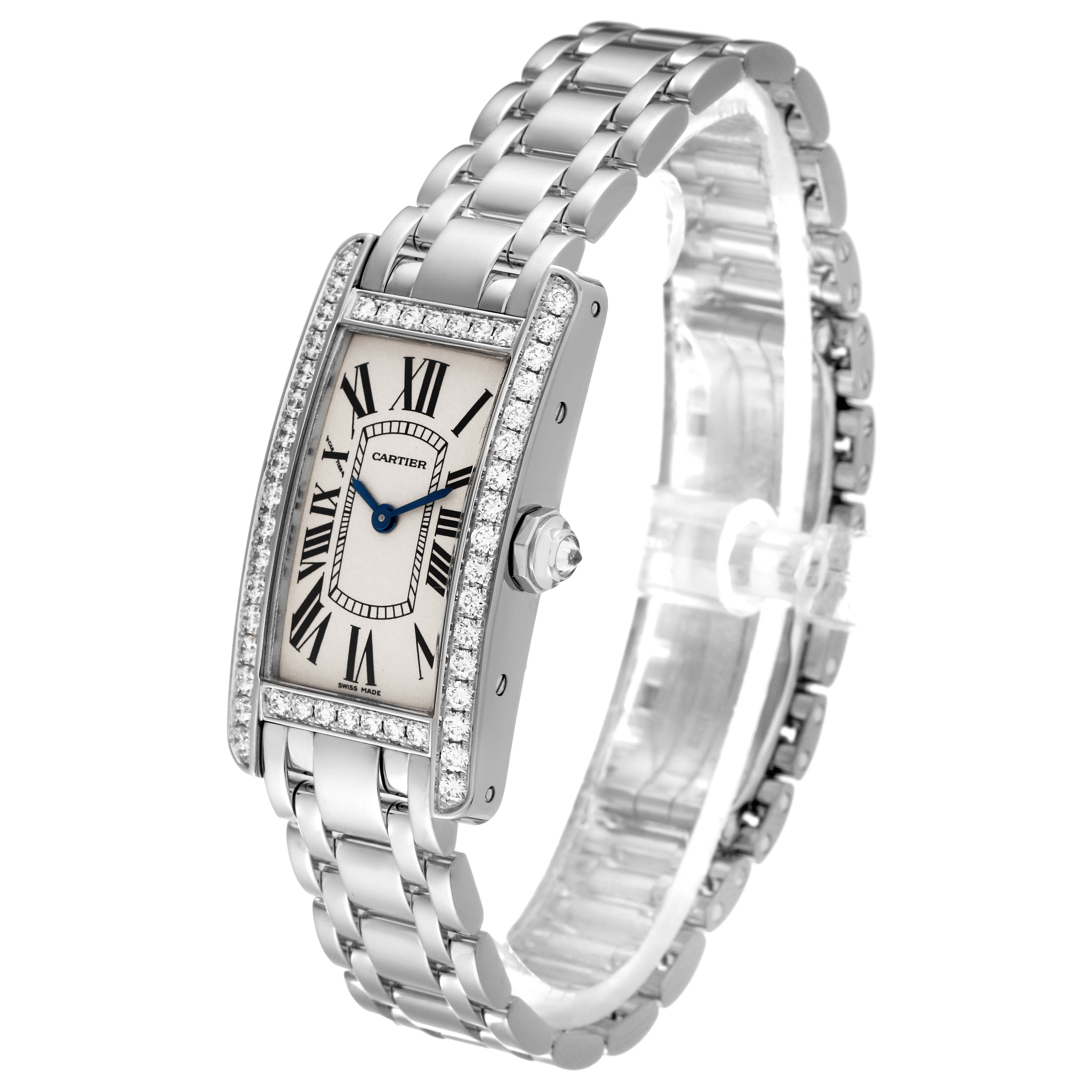 The image shows a Cartier Tank Américaine watch at a slight right-side angle, highlighting its rectangular face and silver bracelet.