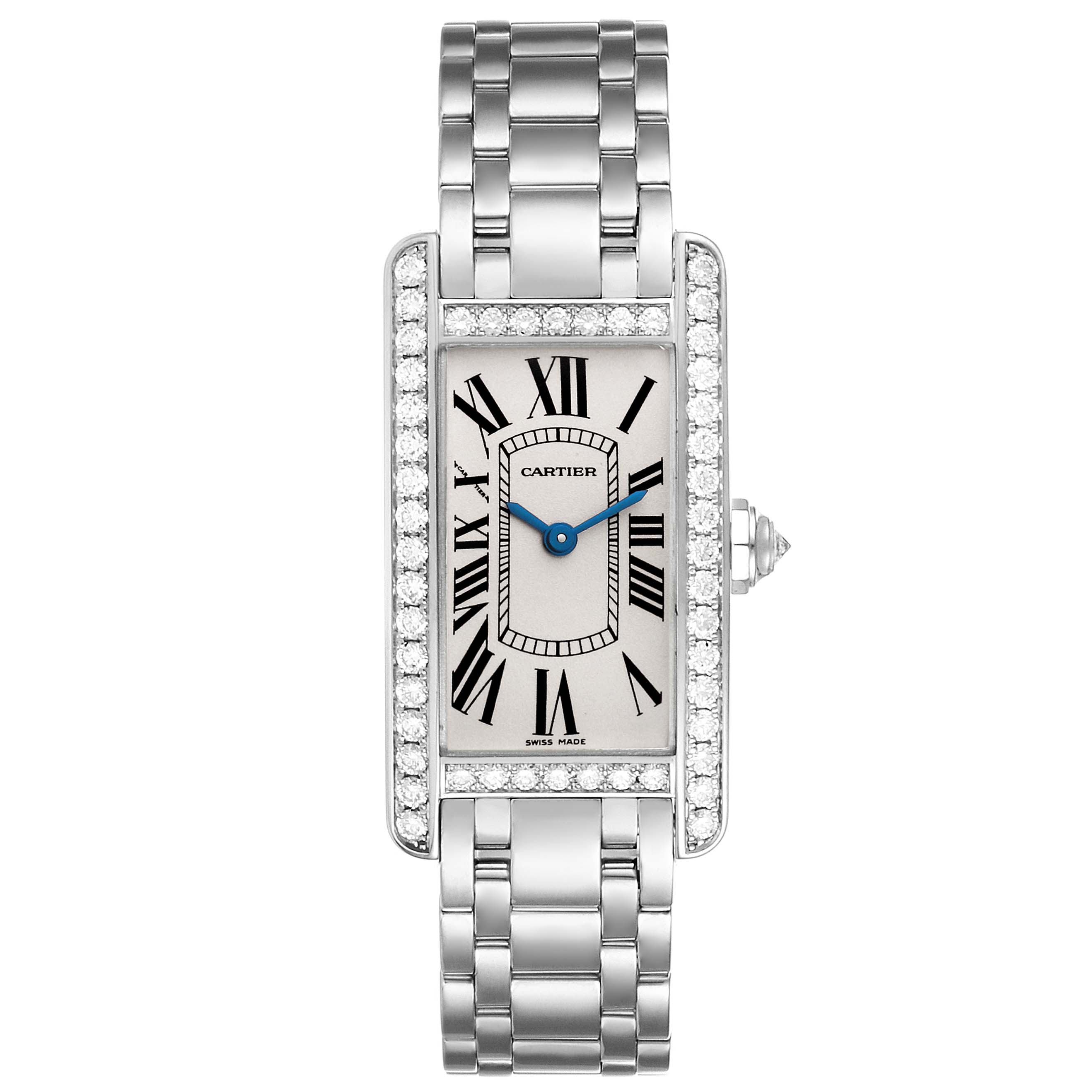 The image shows a top-down view of the Cartier Tank Americaine WB7073L1 Women's White Gold Silver Dial WB7073L1 Women's White Gold Silver Dial watch, featuring its face, bezel, and part of the bracelet.
