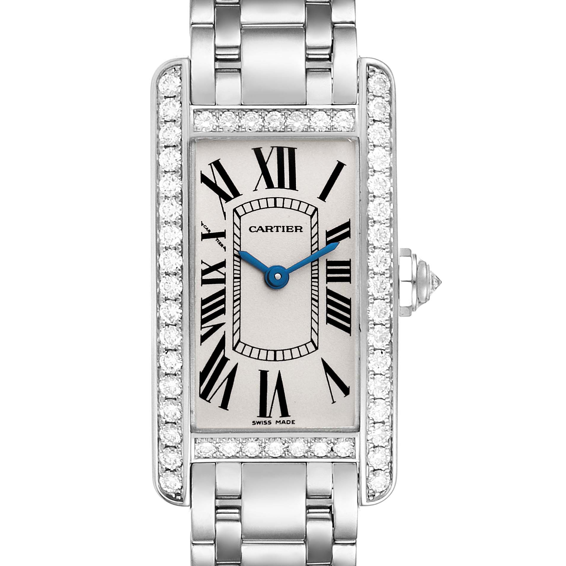 This Cartier Tank Americaine WB7073L1 Women's White Gold Silver Dial WB7073L1 Women's White Gold Silver Dial model is shown from the front, highlighting its rectangular face, Roman numerals, and diamond accents.
