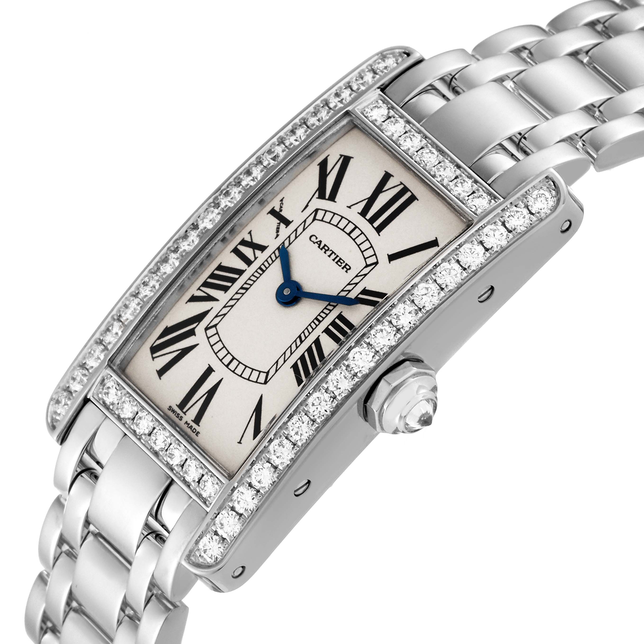 The image shows a close-up view of a Cartier Tank Americaine WB7073L1 Women's White Gold Silver Dial WB7073L1 Women's White Gold Silver Dial watch, highlighting the face, bezel, and bracelet.