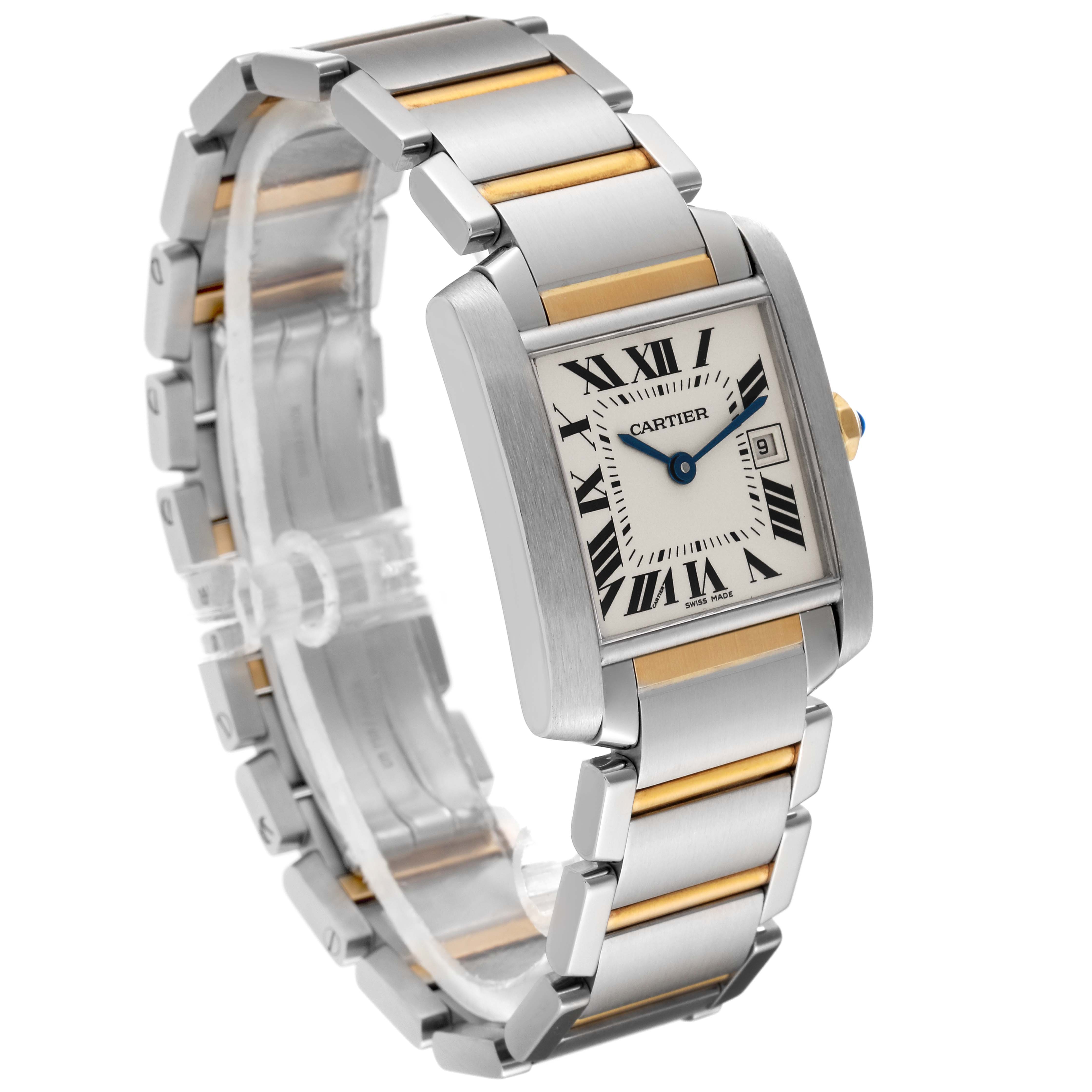 This image shows a Cartier Tank Francaise W51012Q4 Women
s Steel and Gold (two tone) Silver Dial W51012Q4 Women
s Steel and Gold (two tone) Silver Dial watch from an oblique angle showcasing the face and part of the bracelet.