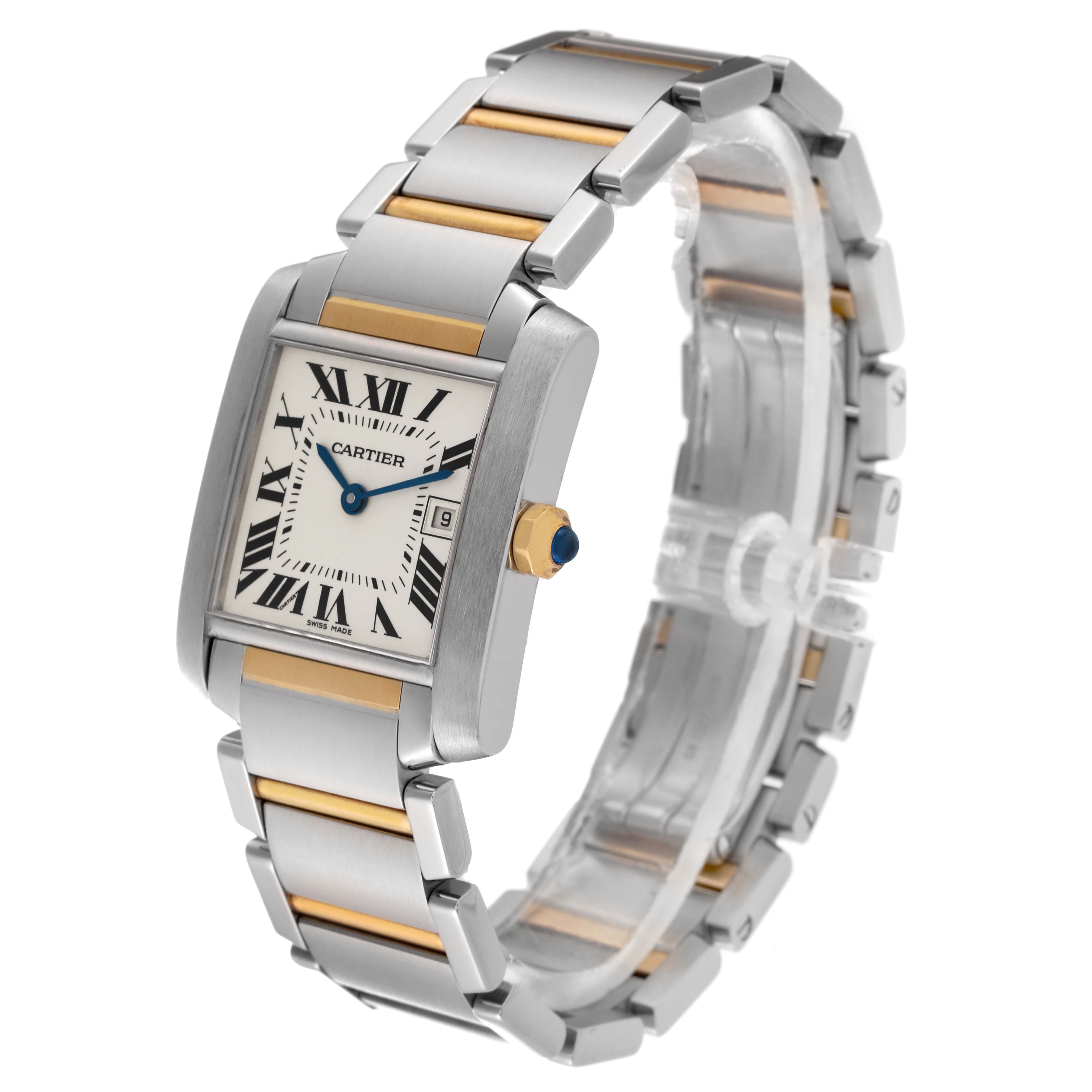 This image shows a side angle of a Cartier Tank Française watch highlighting its bracelet, case, and dial.