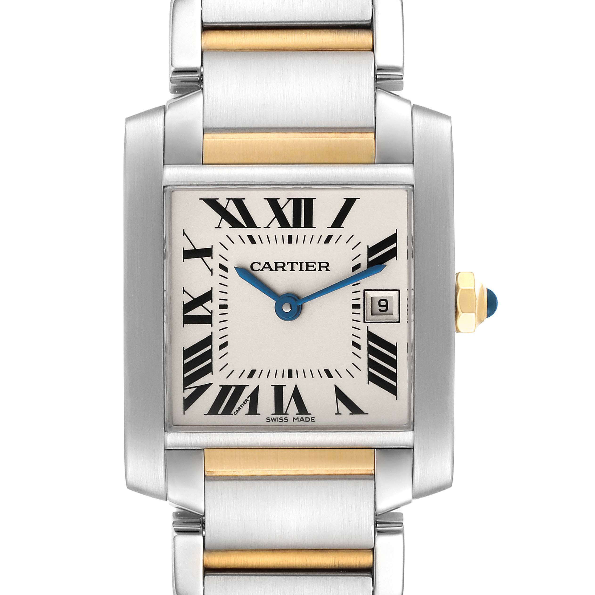 The Tank Francaise model by Cartier is shown from the front, displaying its face, bezel, crown, and part of the bracelet.