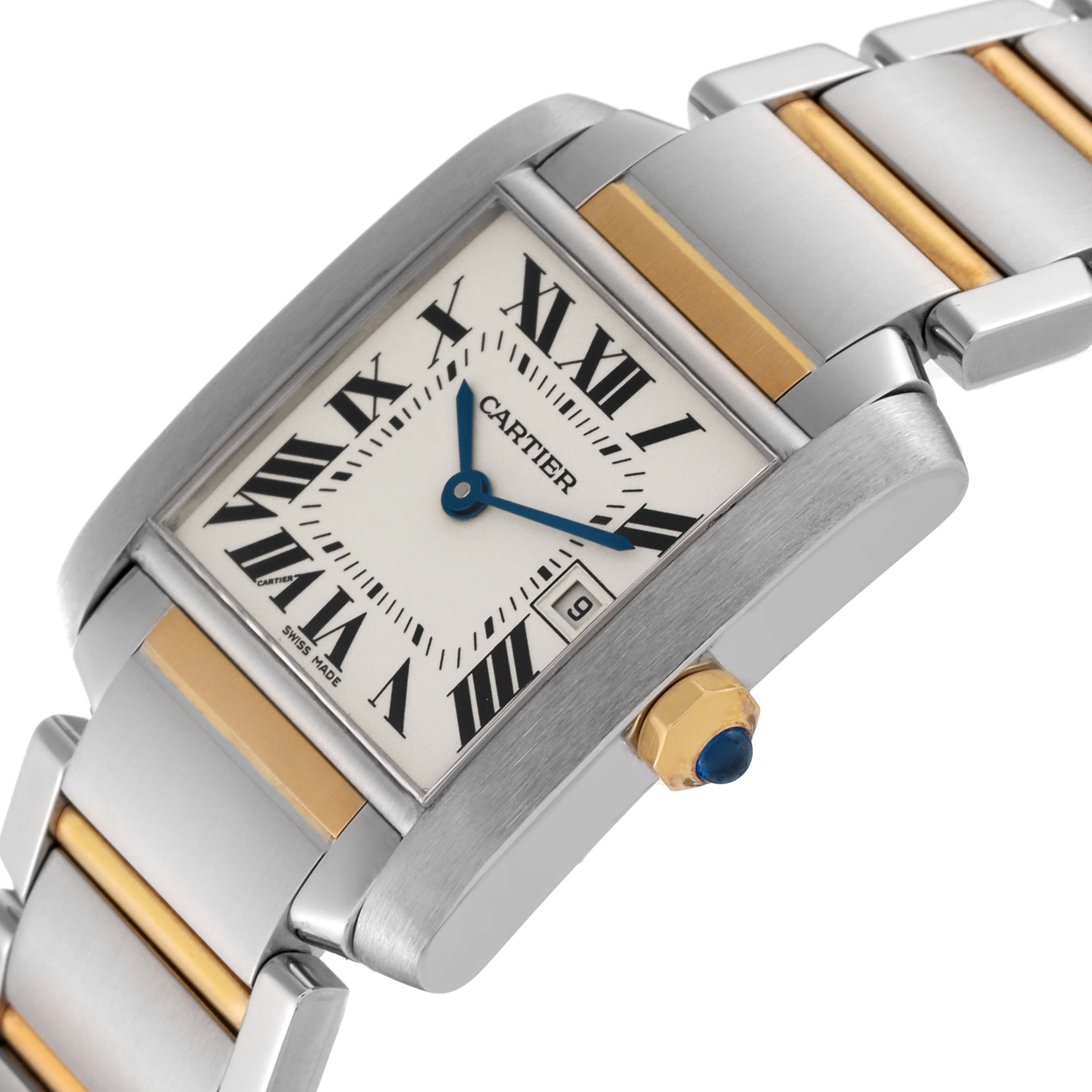 The image shows a close-up angled view of the Cartier Tank Francaise W51012Q4 Women
s Steel and Gold (two tone) Silver Dial W51012Q4 Women
s Steel and Gold (two tone) Silver Dial watch, highlighting the dial, crown, and bracelet.