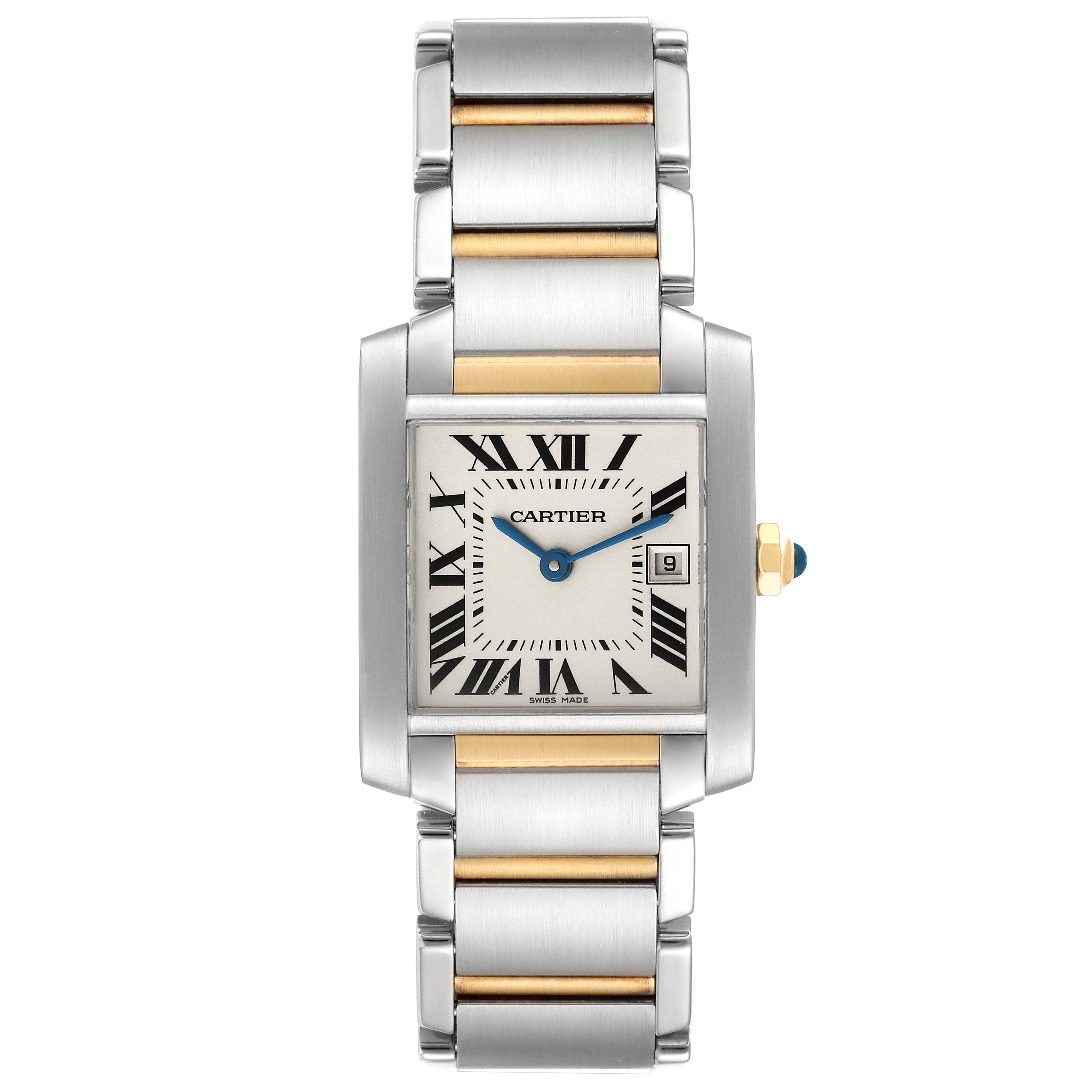 The image shows a frontal view of a Cartier Tank Française watch, highlighting its stainless steel and gold bracelet.