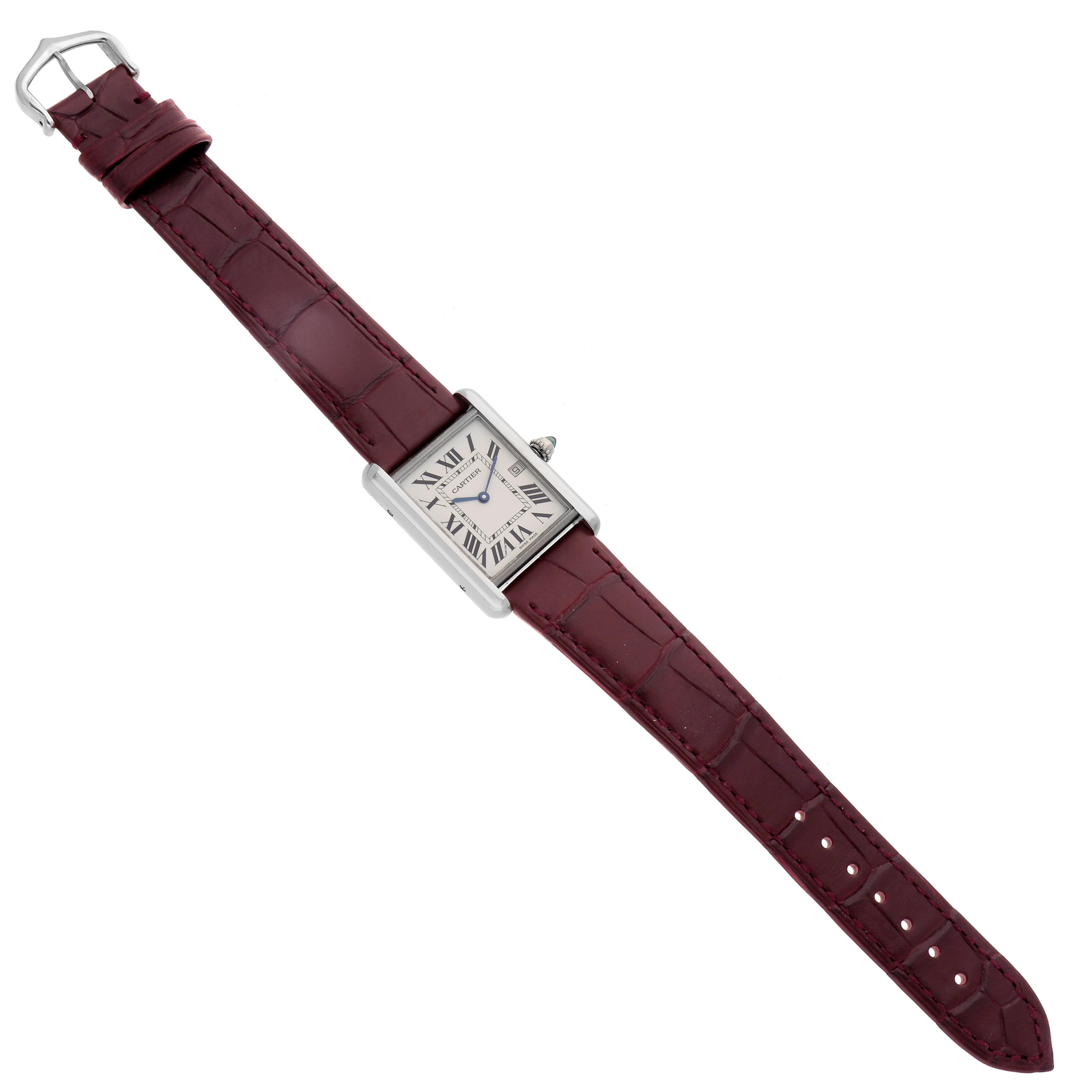 The Cartier Tank Louis W1540956 Men's White Gold Silver Dial W1540956 Men's White Gold Silver Dial watch is shown from a top view, highlighting its rectangular dial, Roman numerals, crown, and brown leather strap.