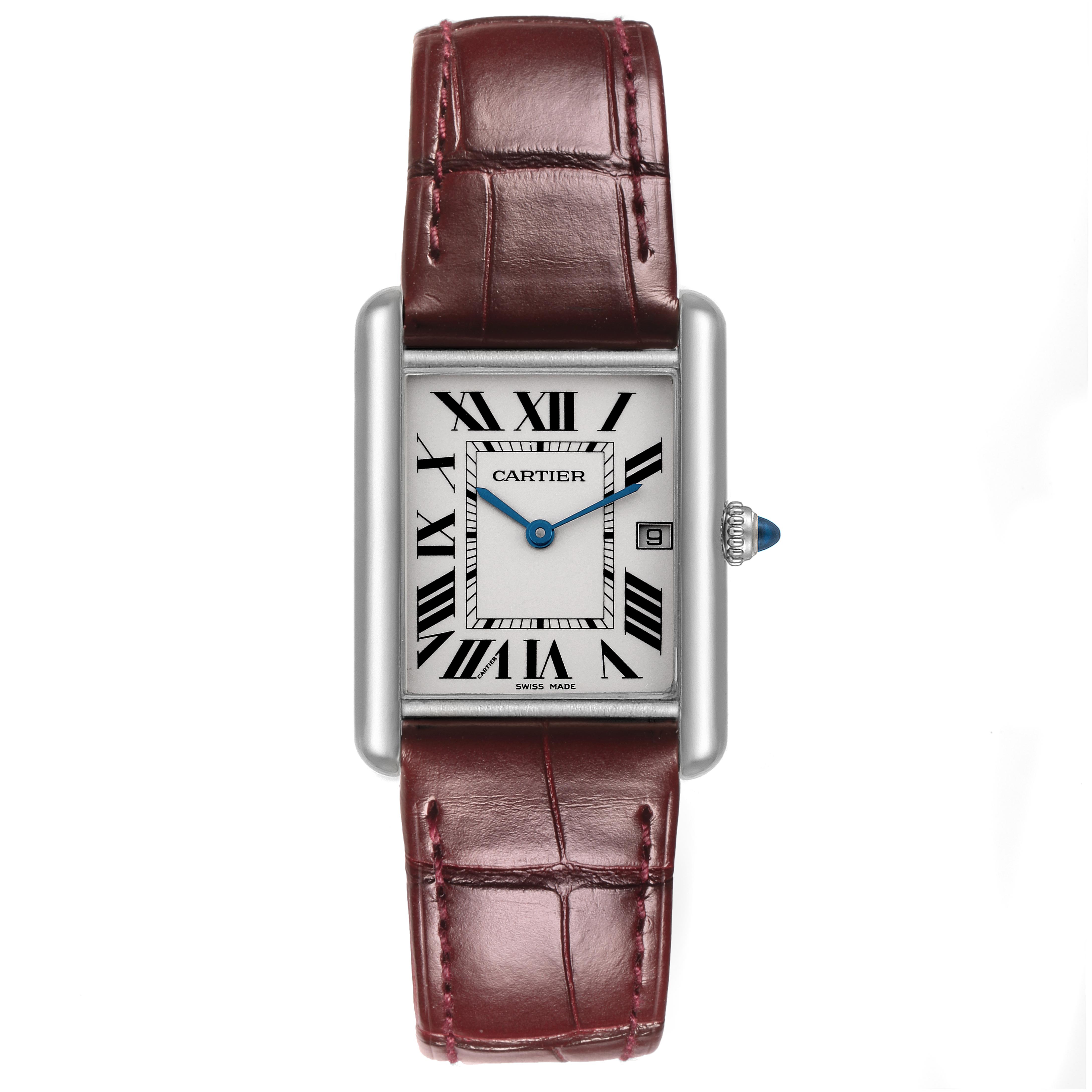 The Cartier Tank Louis W1540956 Men's White Gold Silver Dial W1540956 Men's White Gold Silver Dial watch is shown from the front, displaying the face, hands, and part of the strap.