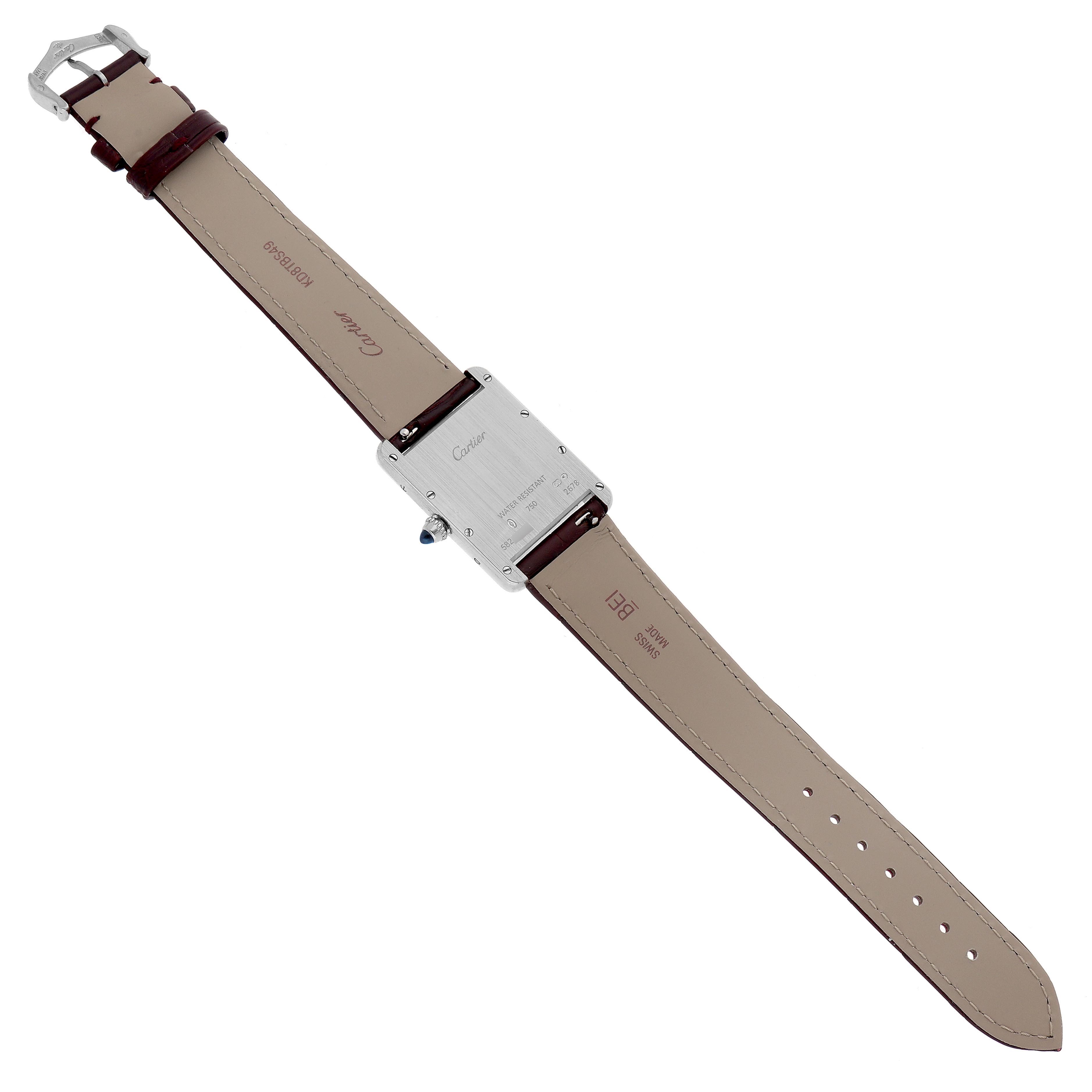 The Cartier Tank Louis W1540956 Men's White Gold Silver Dial W1540956 Men's White Gold Silver Dial watch is shown from the back, highlighting the case, strap, and buckle.