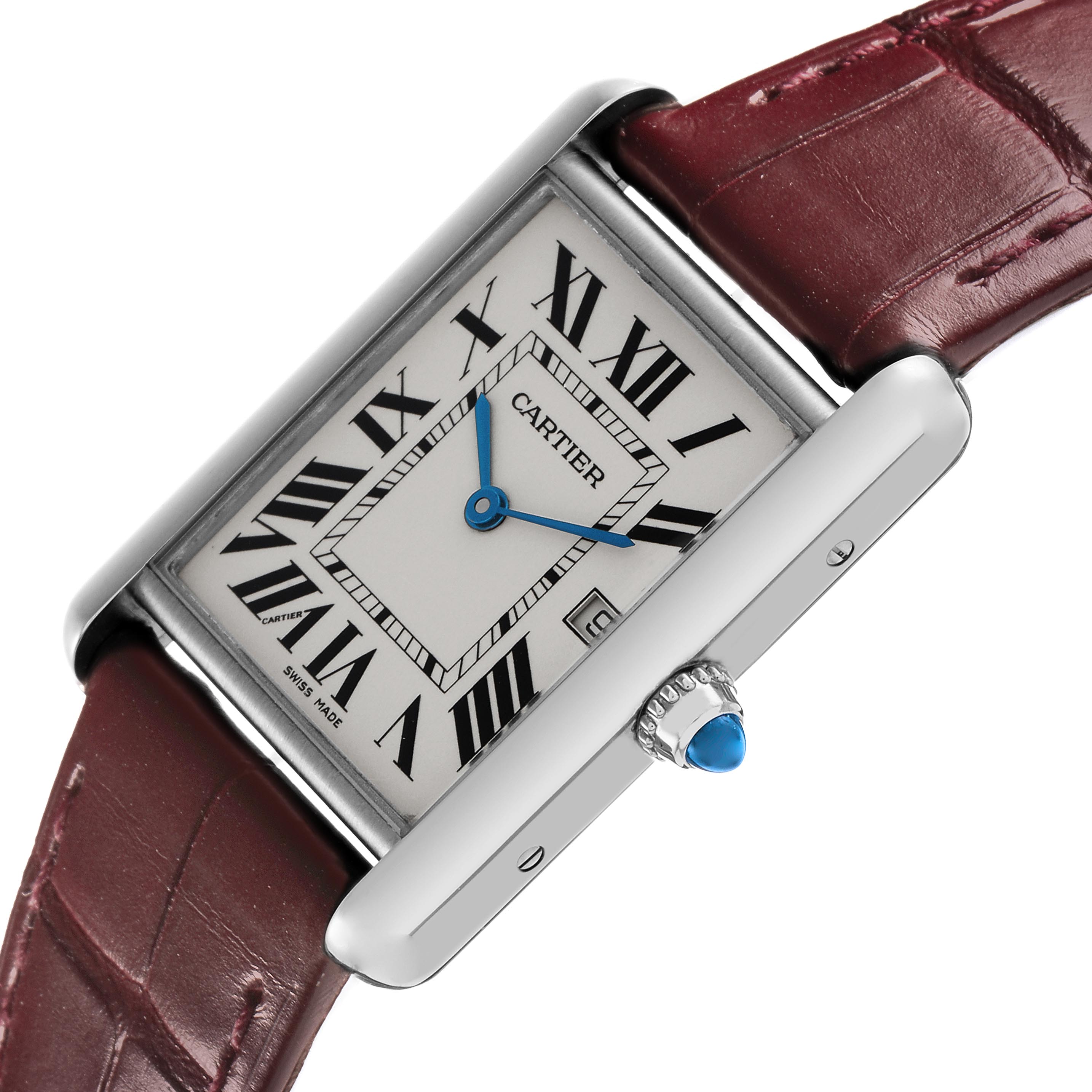 The Cartier Tank Louis W1540956 Men's White Gold Silver Dial W1540956 Men's White Gold Silver Dial watch is shown at an angle revealing the face, Roman numerals, blue hands, leather strap, and side crown.