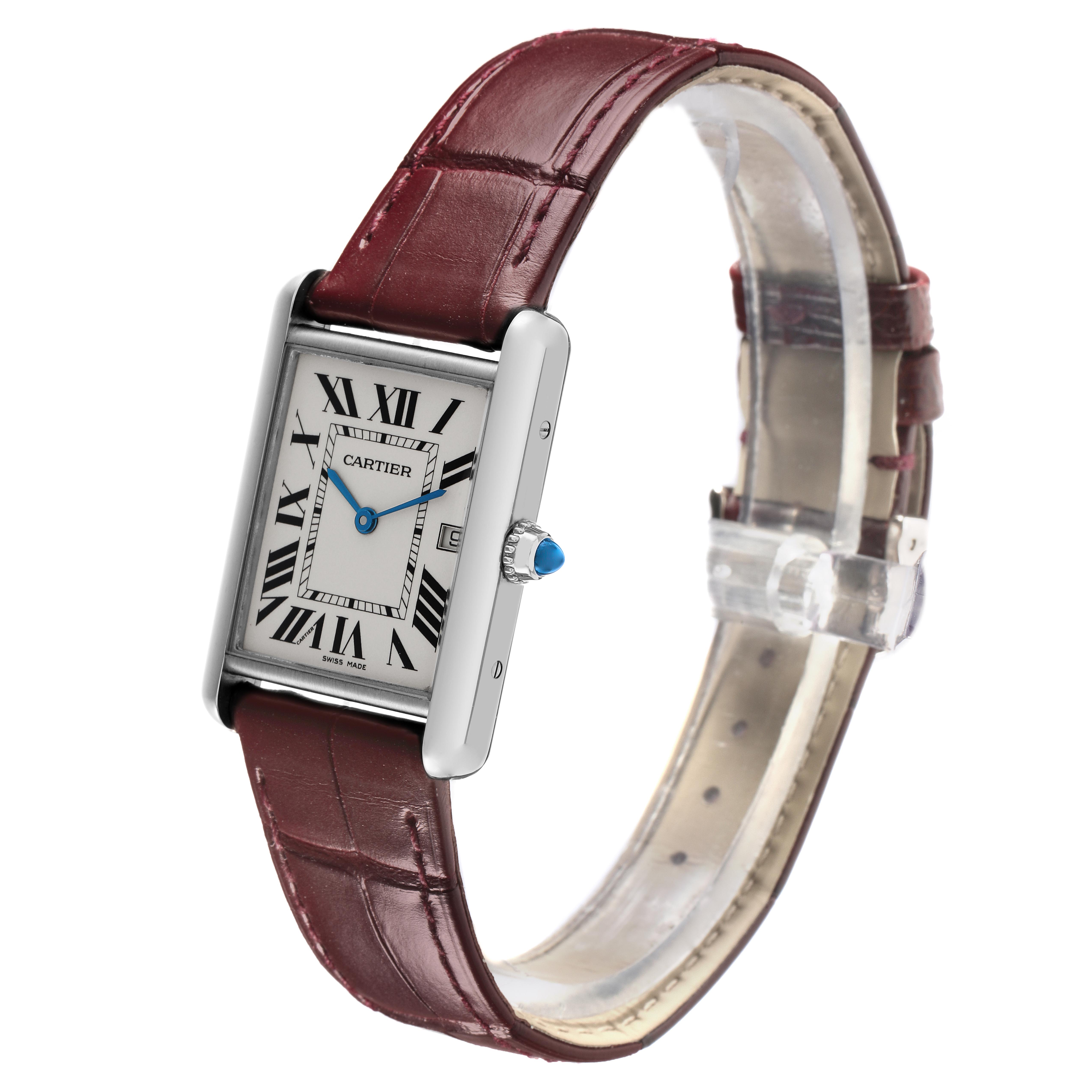 The Cartier Tank Louis W1540956 Men's White Gold Silver Dial W1540956 Men's White Gold Silver Dial watch is shown at a three-quarter angle, highlighting its dial, case, crown, and leather strap.
