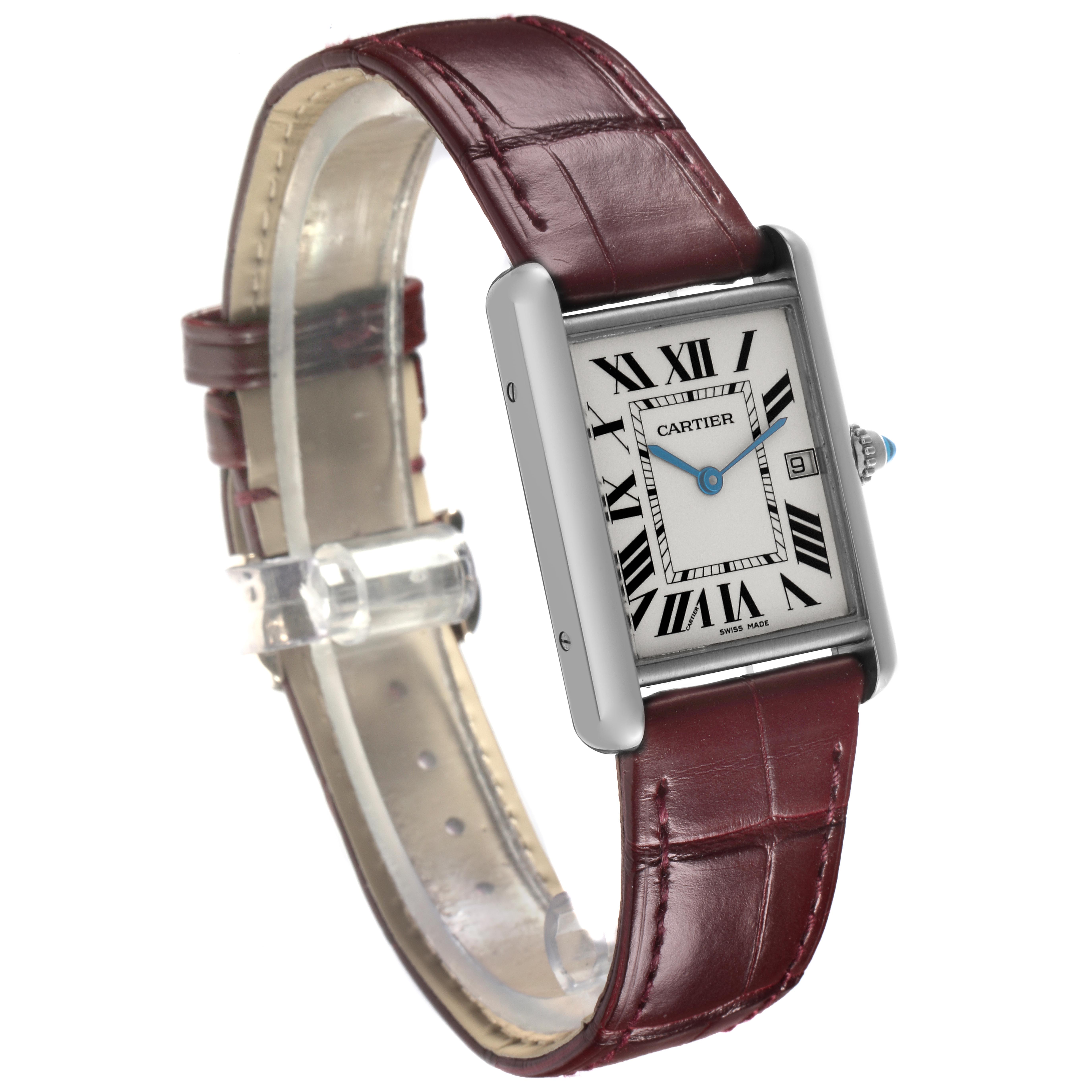 The Cartier Tank Louis W1540956 Men's White Gold Silver Dial W1540956 Men's White Gold Silver Dial watch is shown at an angled side view, displaying the face, roman numerals, crown, and leather strap.