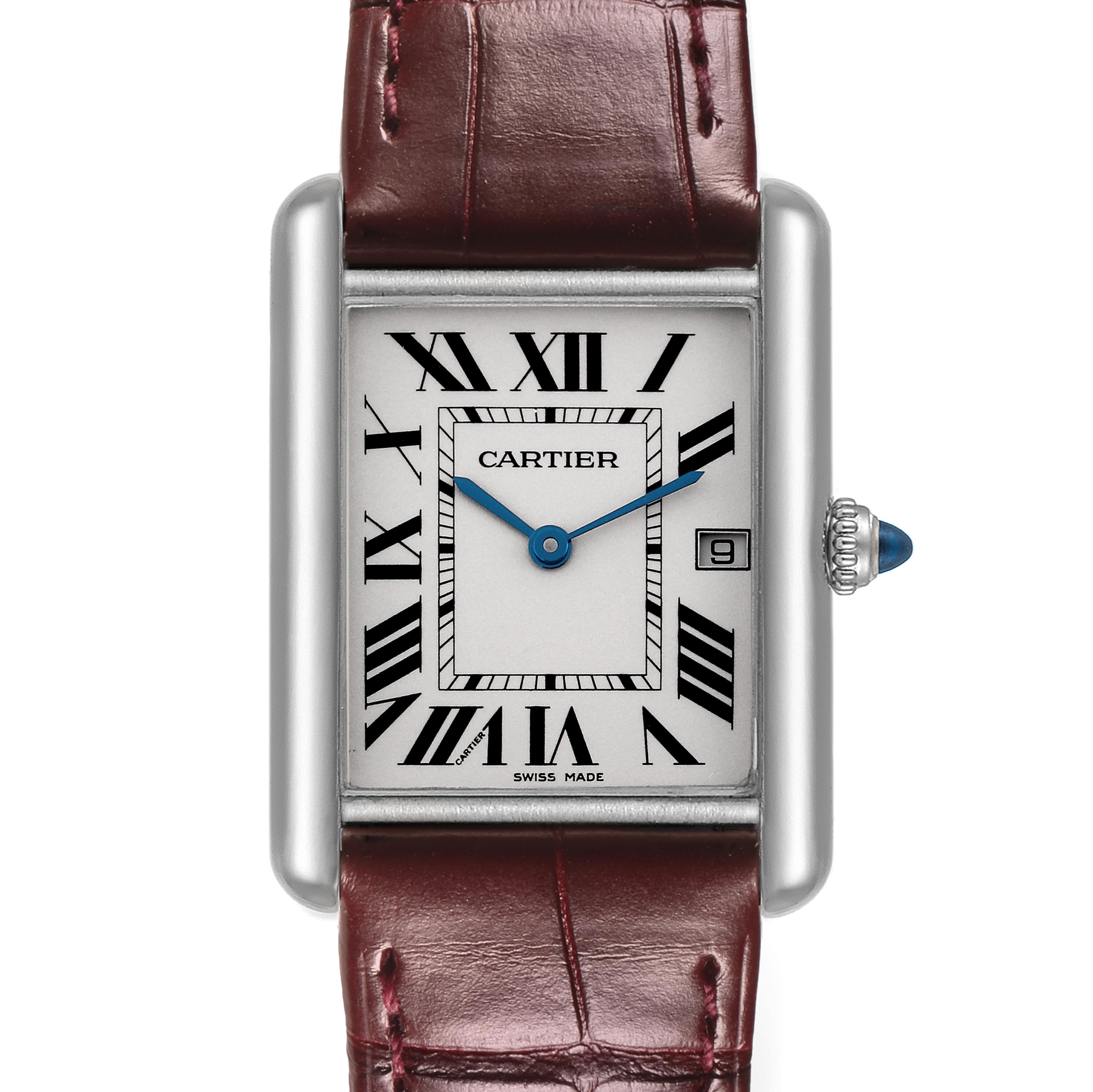 The Cartier Tank Louis W1540956 Men's White Gold Silver Dial W1540956 Men's White Gold Silver Dial watch is shown from a front angle, displaying the dial, Roman numerals, blue hands, date, and crown.