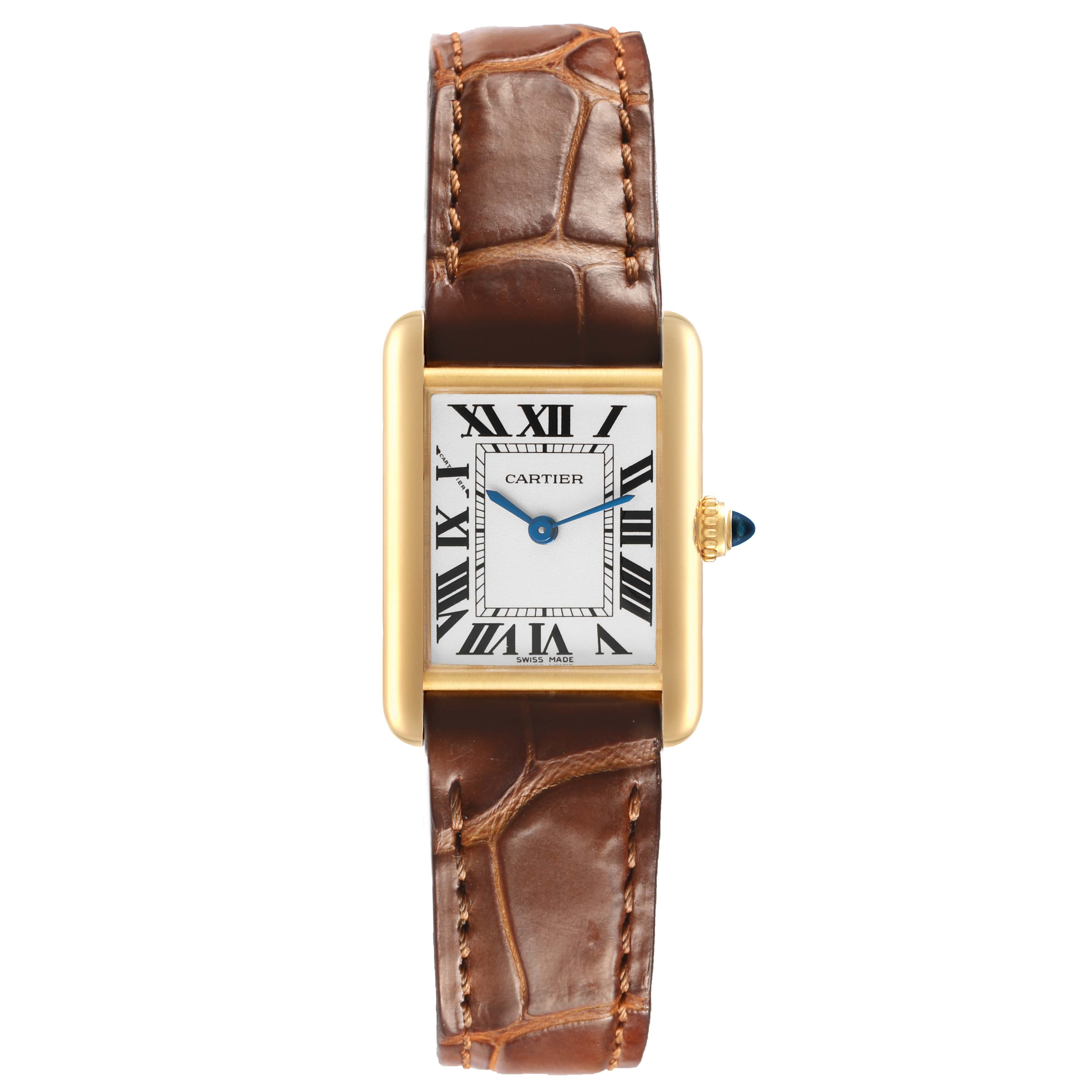 The Cartier Tank Louis W1529856 Women's Yellow Gold Silver Dial watch is shown from the front, highlighting its rectangular face, Roman numerals, gold case, and brown leather strap.