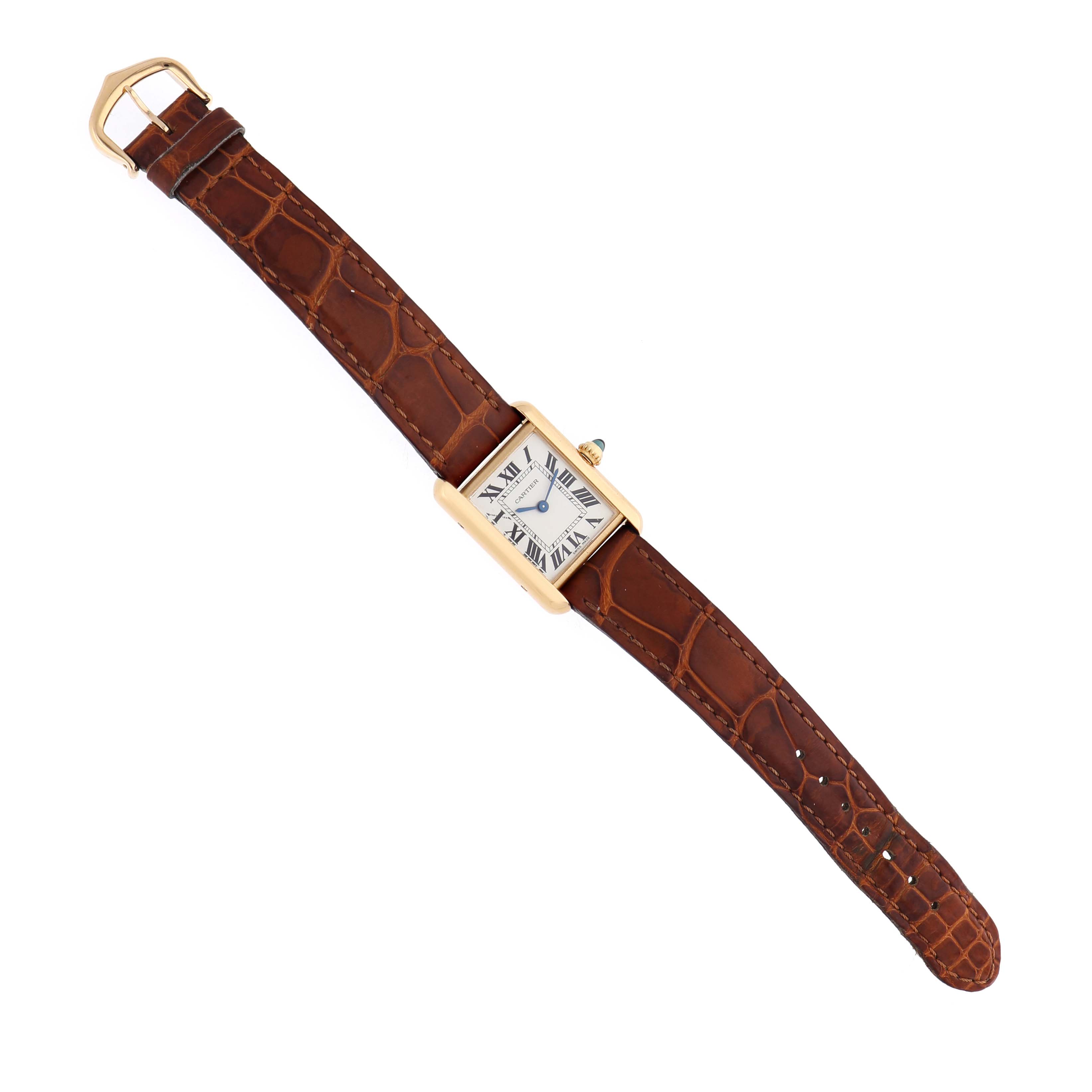 The Cartier Tank Louis W1529856 Women's Yellow Gold Silver Dial watch is shown from above, displaying the full brown leather strap and gold rectangular case.