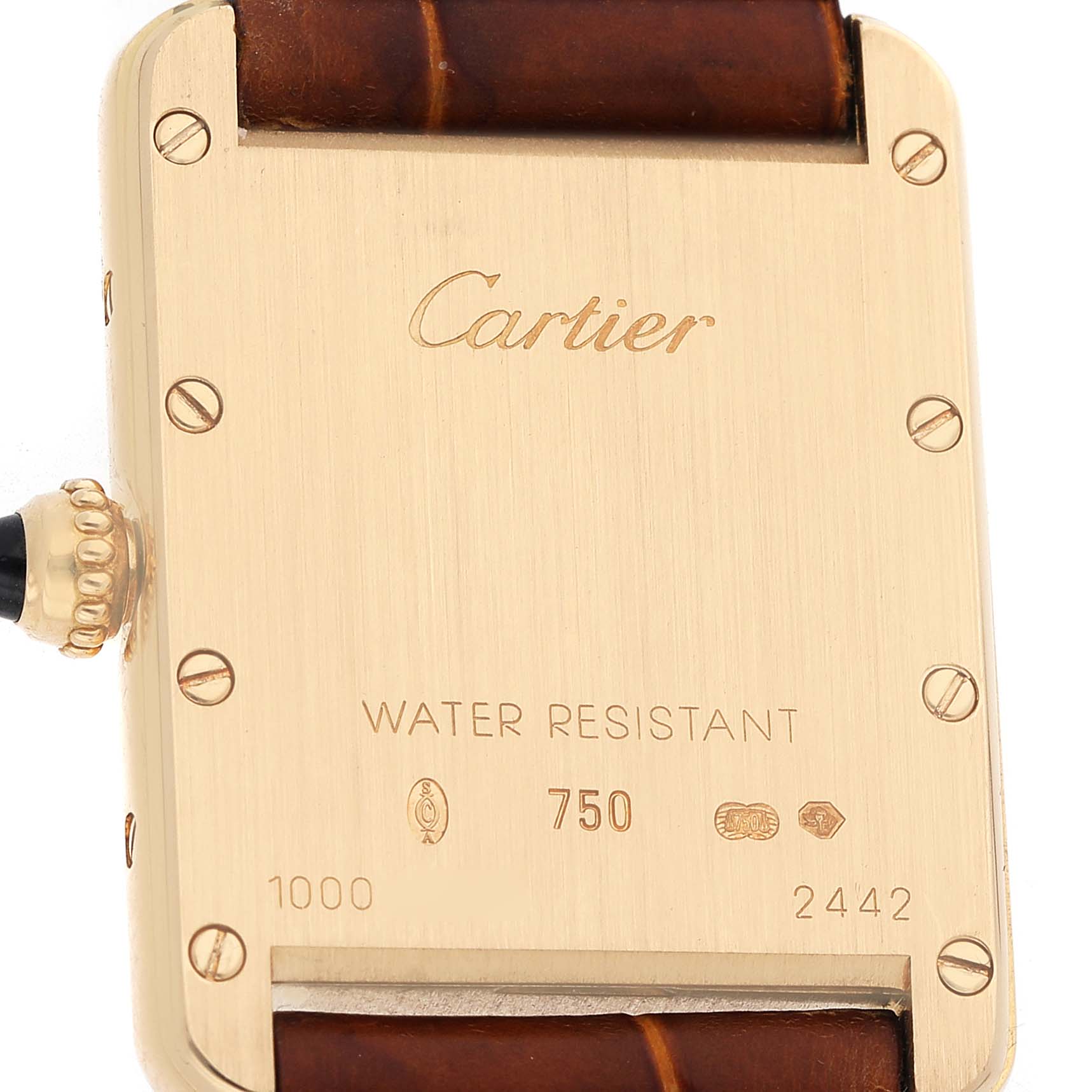 The image shows the back of a Cartier Tank Louis W1529856 Women's Yellow Gold Silver Dial watch, highlighting brand engravings and water-resistant markings.