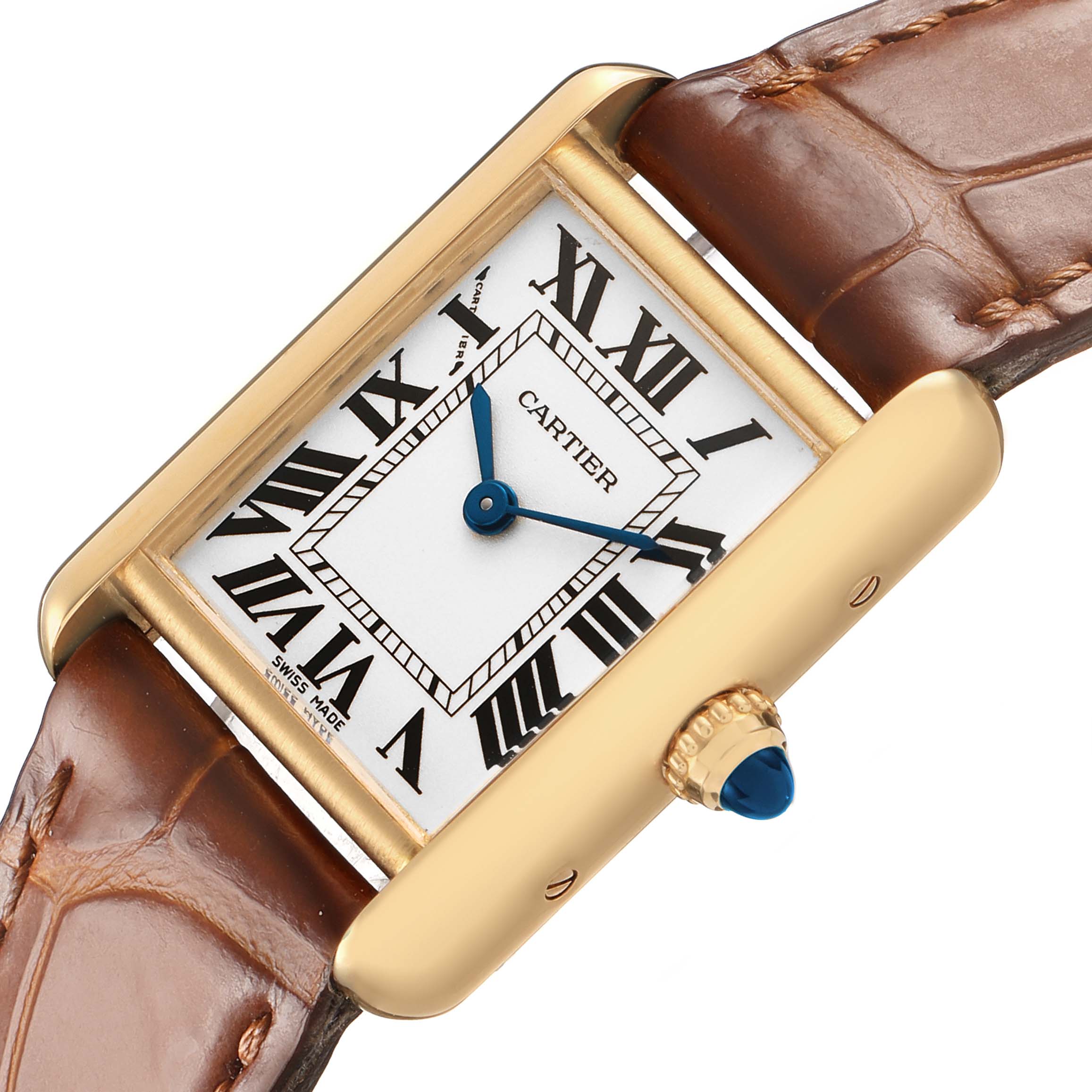 The Cartier Tank Louis W1529856 Women's Yellow Gold Silver Dial watch is shown at an angled view, highlighting the rectangular case, brown leather strap, and blue gemstone crown.