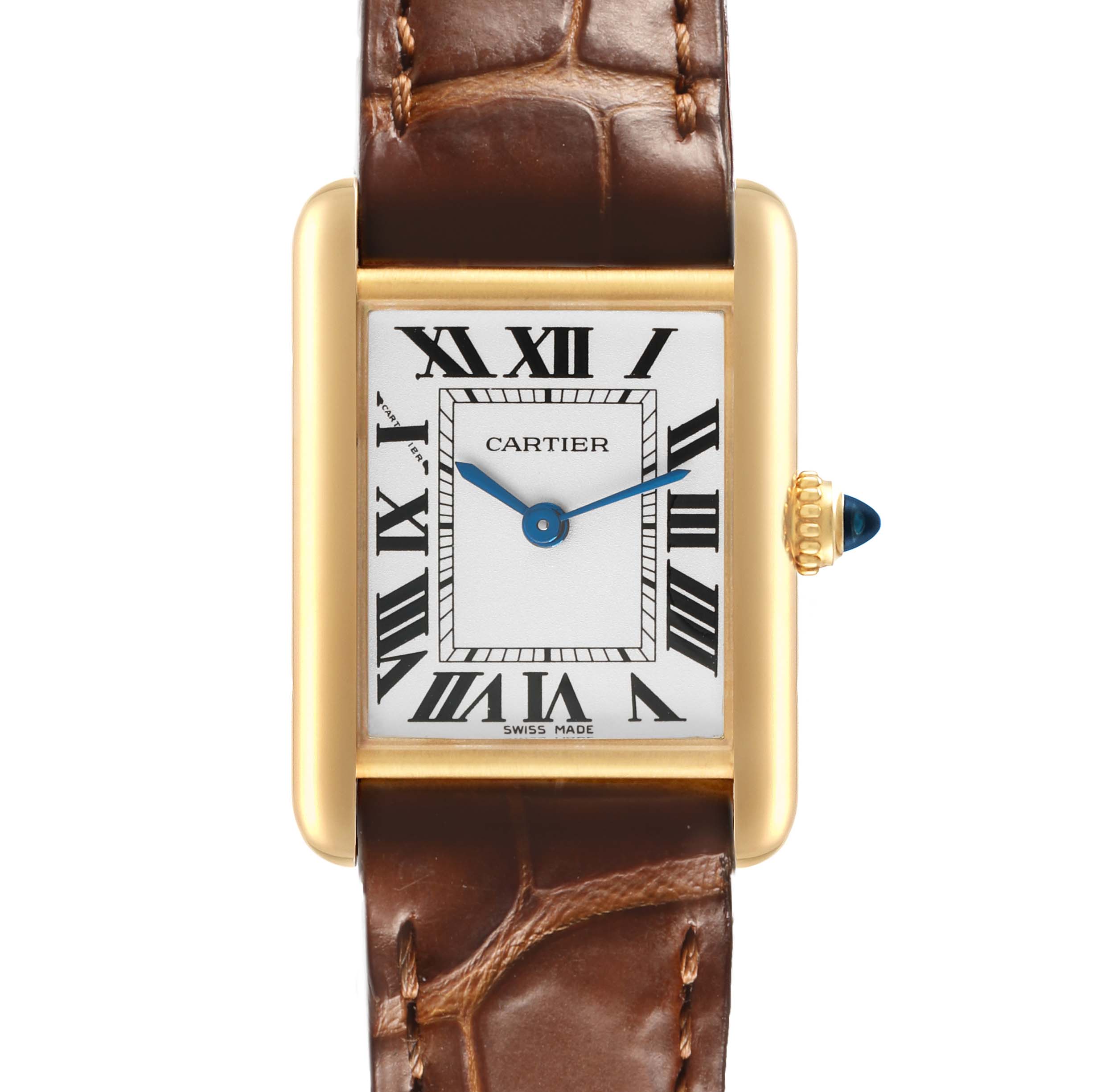 The Cartier Tank Louis W1529856 Women's Yellow Gold Silver Dial watch is shown from the front, displaying the face, Roman numerals, and brown leather strap.