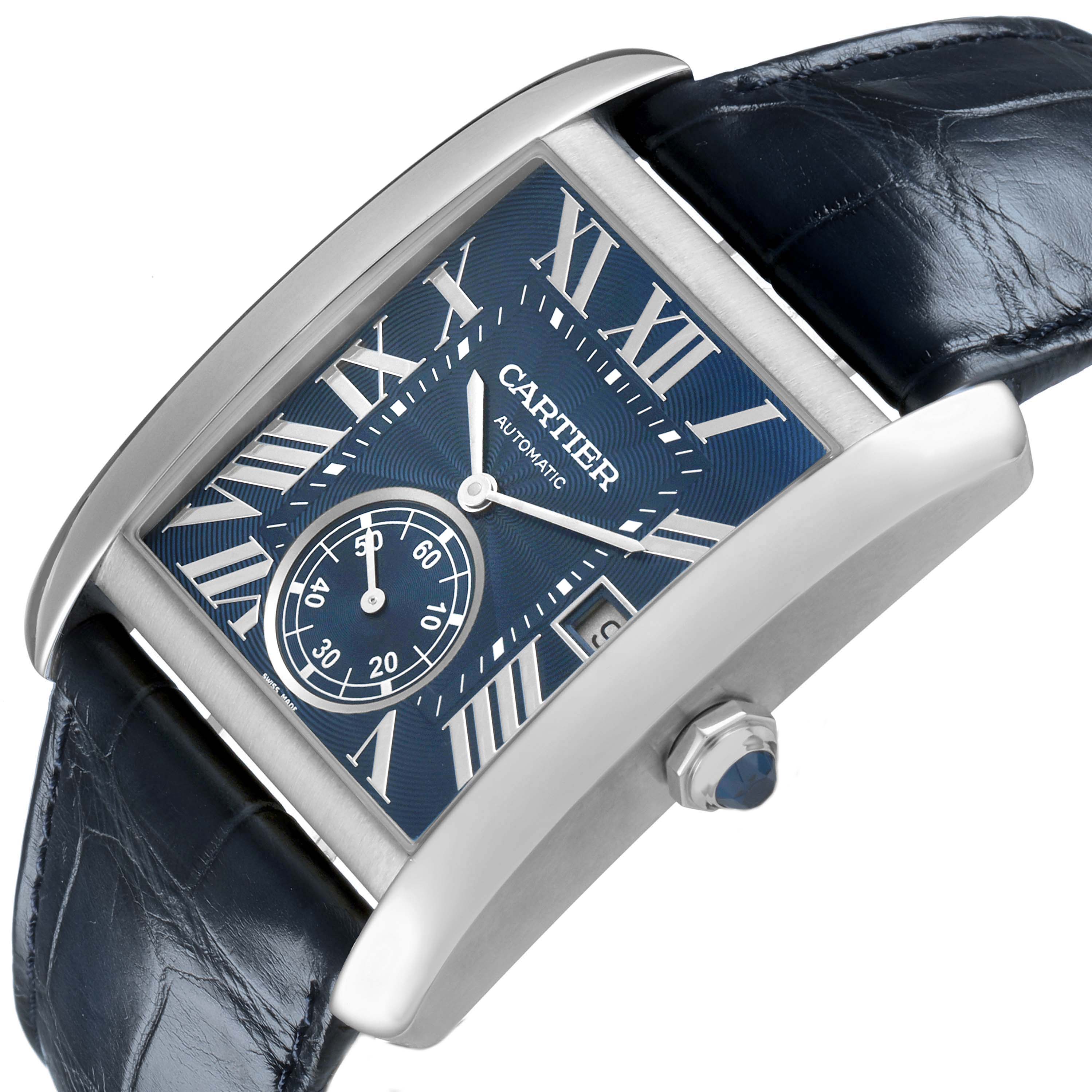 The Cartier Tank MC WSTA0010 Men's Stainless Steel Brown Dial watch is shown from an angled top view, displaying the blue dial, Roman numerals, and crown.