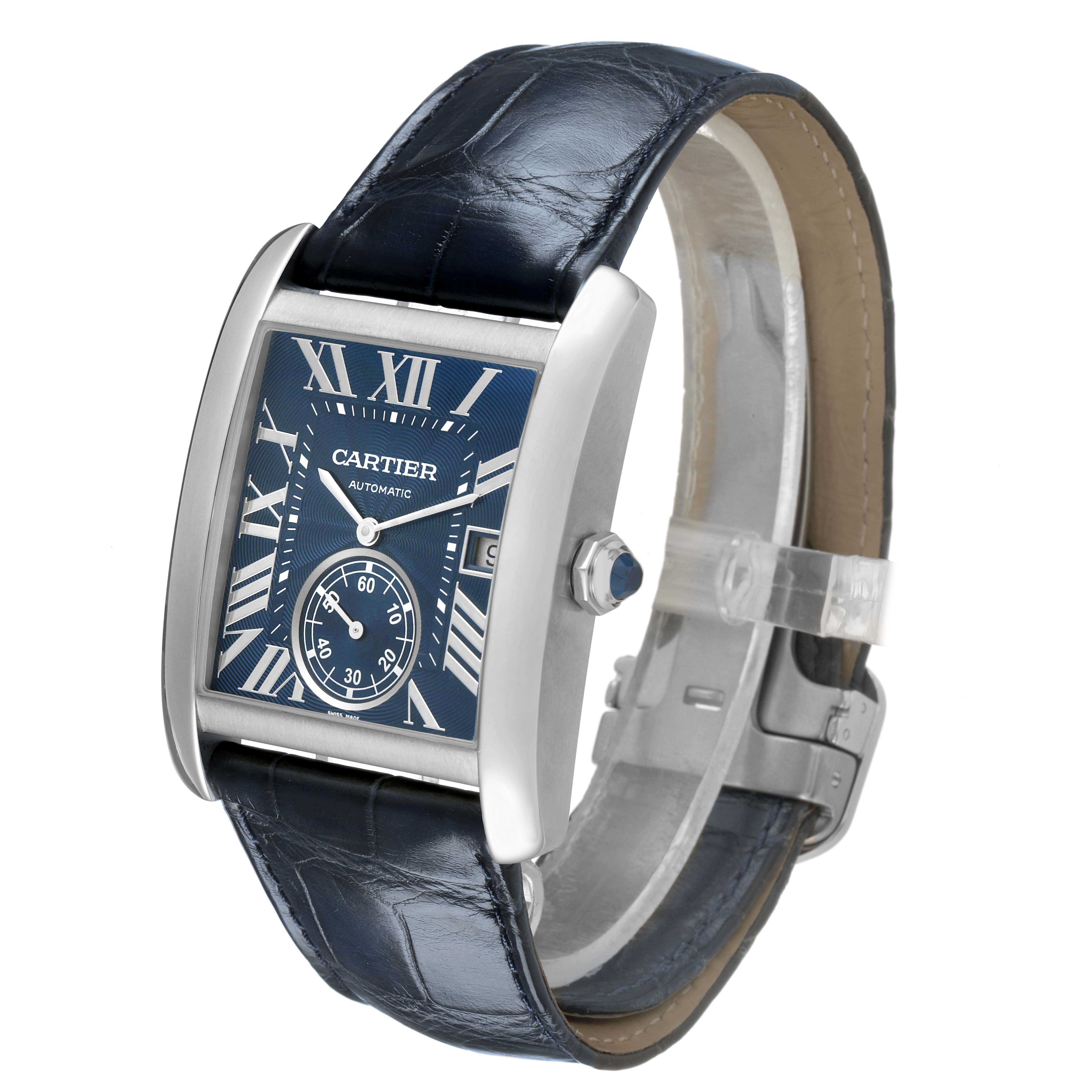 The Cartier Tank MC WSTA0010 Men's Stainless Steel Brown Dial watch is shown at an angle displaying the face, crown, strap, and clasp.