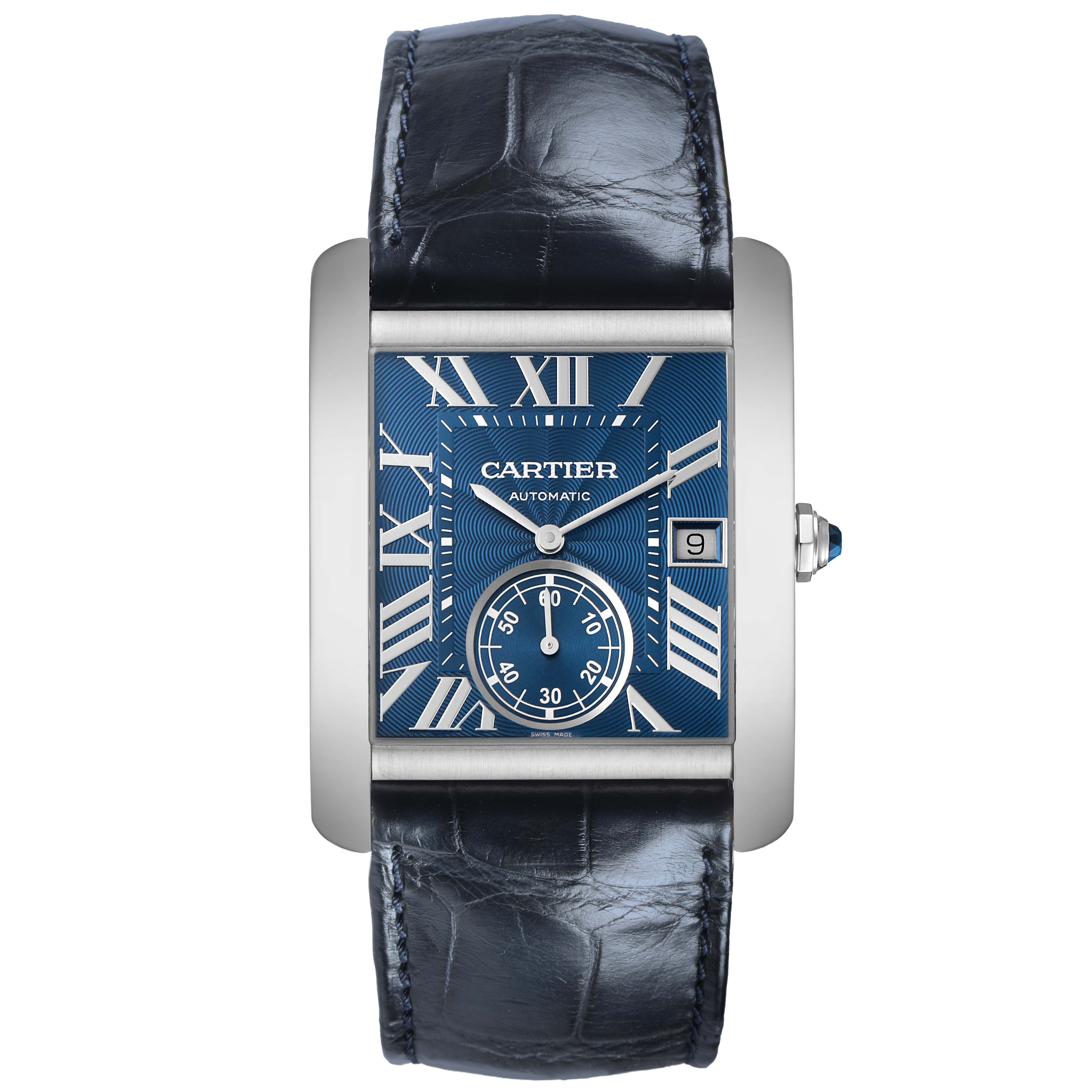 The Cartier Tank MC WSTA0010 Men's Stainless Steel Brown Dial watch is shown from a front view, displaying its blue dial, Roman numerals, sub-dial, and leather strap.