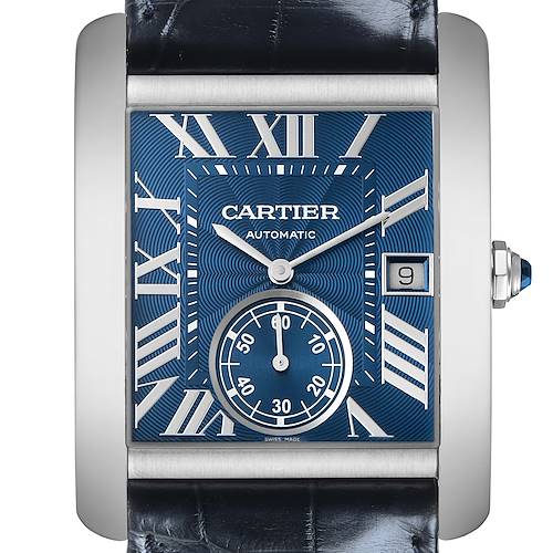 The Cartier Tank MC WSTA0010 Men's Stainless Steel Brown Dial watch is shown from a front view, featuring the blue dial, Roman numerals, date window, and subdial.