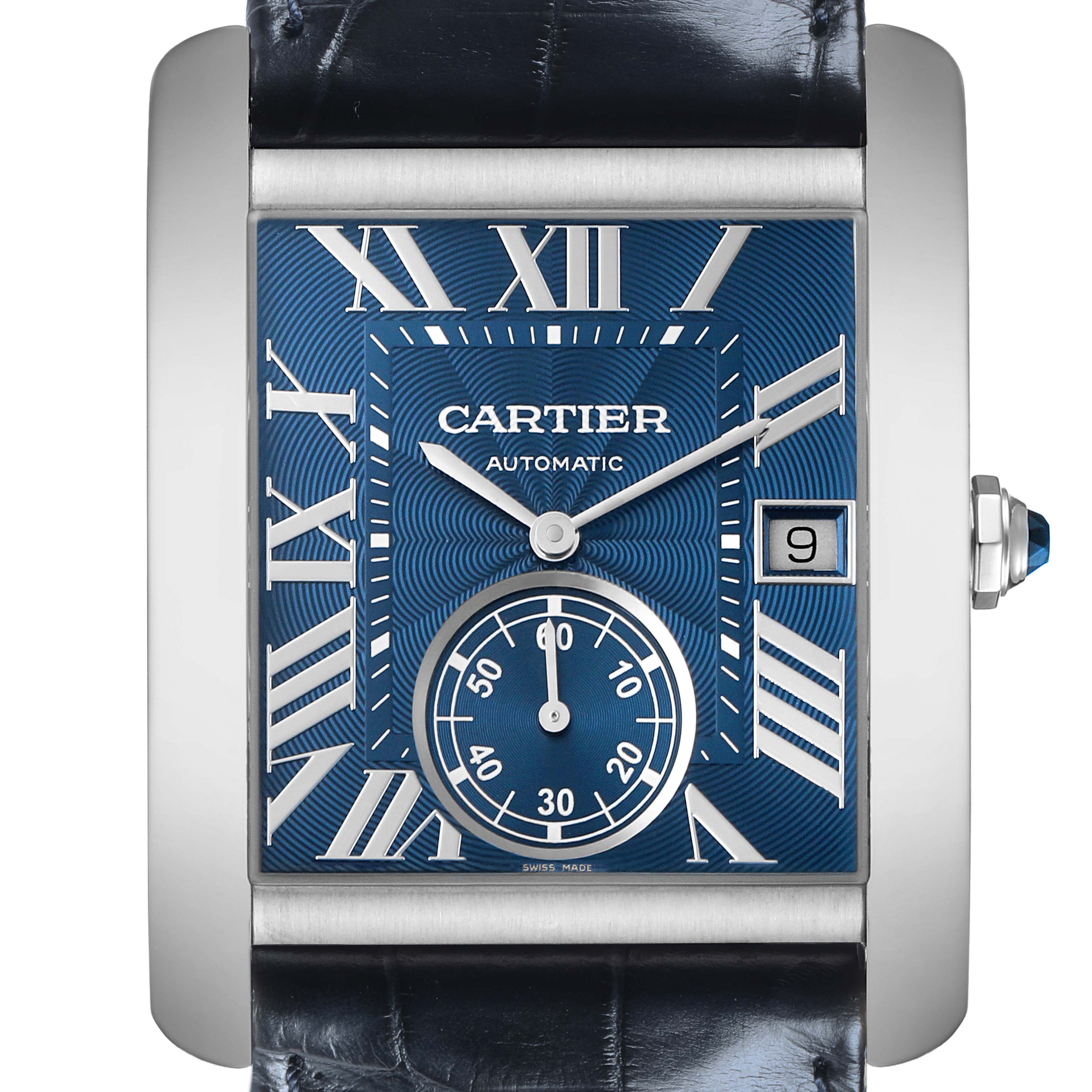 The Cartier Tank MC WSTA0010 Men's Stainless Steel Brown Dial watch is shown from a front angle, displaying its blue dial, Roman numerals, sub-dial, and date window.