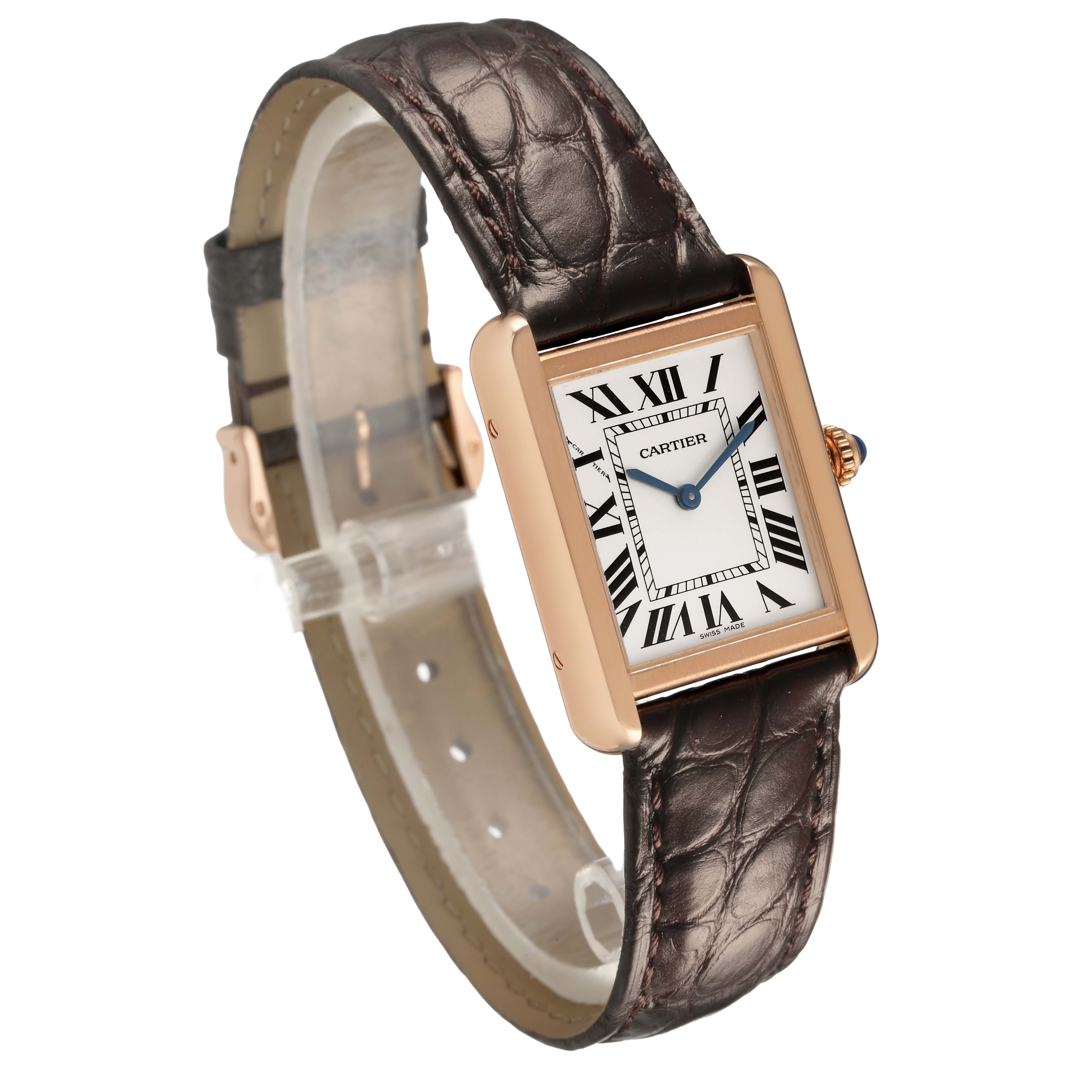 The Cartier Tank Solo W5200024 Women's Rose Gold Silver Dial watch is shown from a three-quarter angle, displaying its face, buckle, and leather strap.