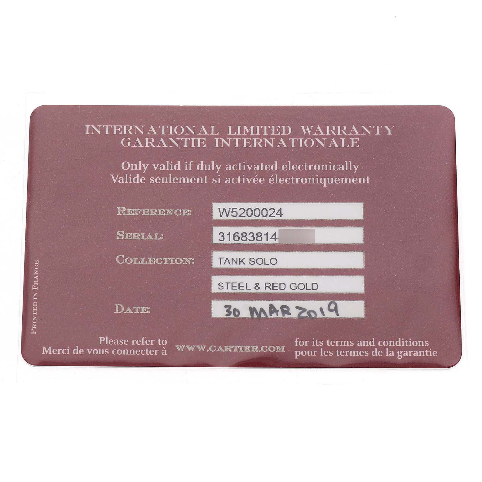 The image shows the warranty card for the Cartier Tank Solo W5200024 Women's Rose Gold Silver Dial watch, featuring its reference, serial number, and collection details.