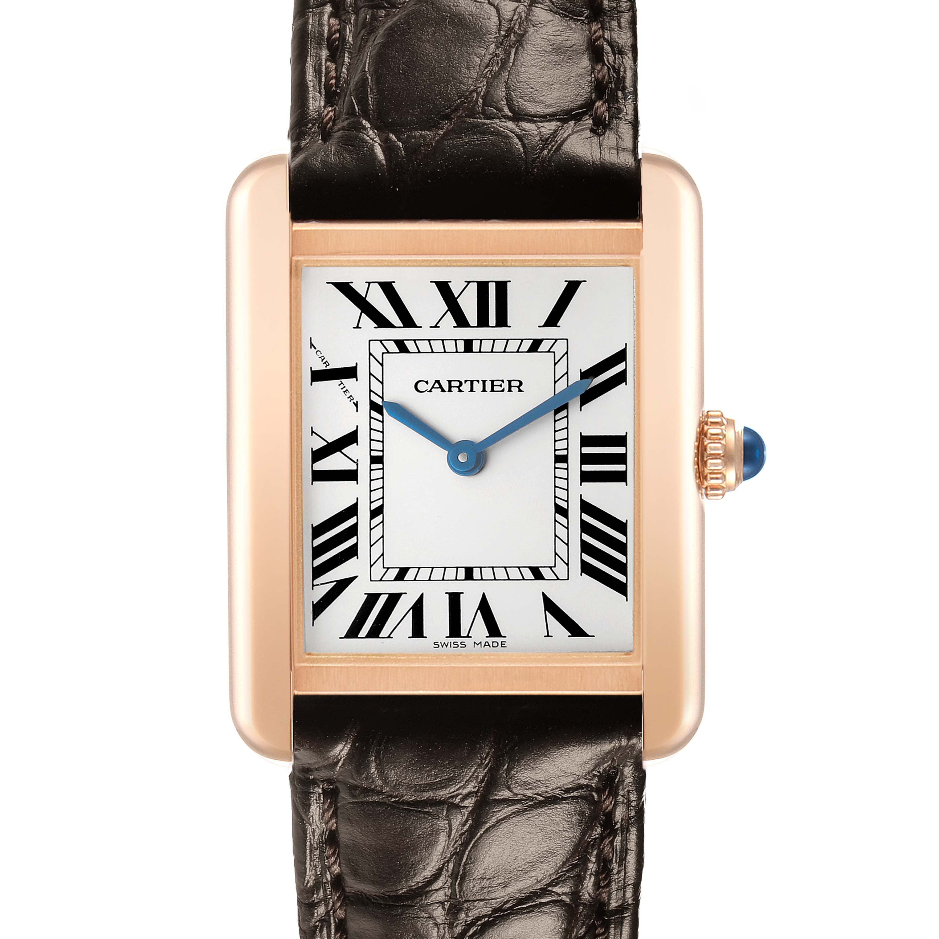 The Cartier Tank Solo W5200024 Women's Rose Gold Silver Dial watch is shown from the front, displaying its rectangular face, Roman numerals, and leather strap.