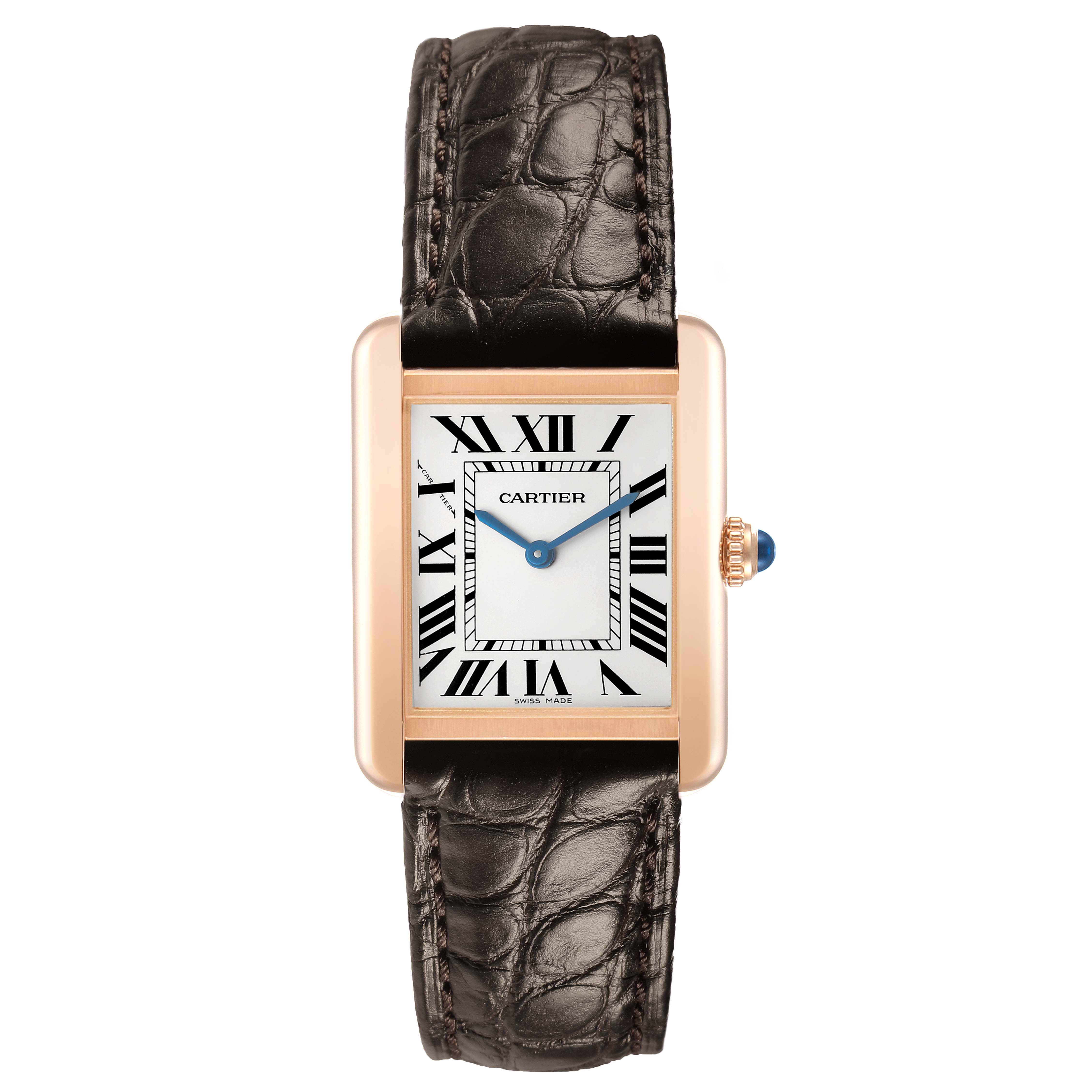 The Cartier Tank Solo W5200024 Women's Rose Gold Silver Dial watch is shown from a front angle, displaying the face, case, and leather strap.