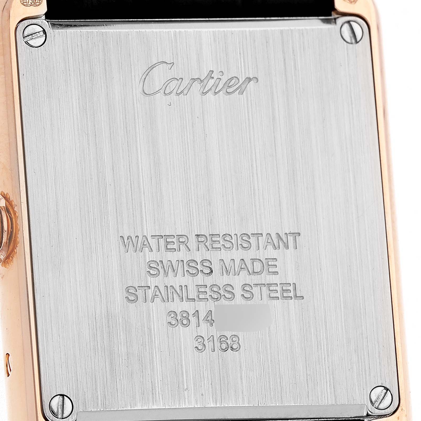 The image shows the back casing of a Cartier Tank Solo W5200024 Women's Rose Gold Silver Dial watch, highlighting its stainless steel material and water-resistant marking.