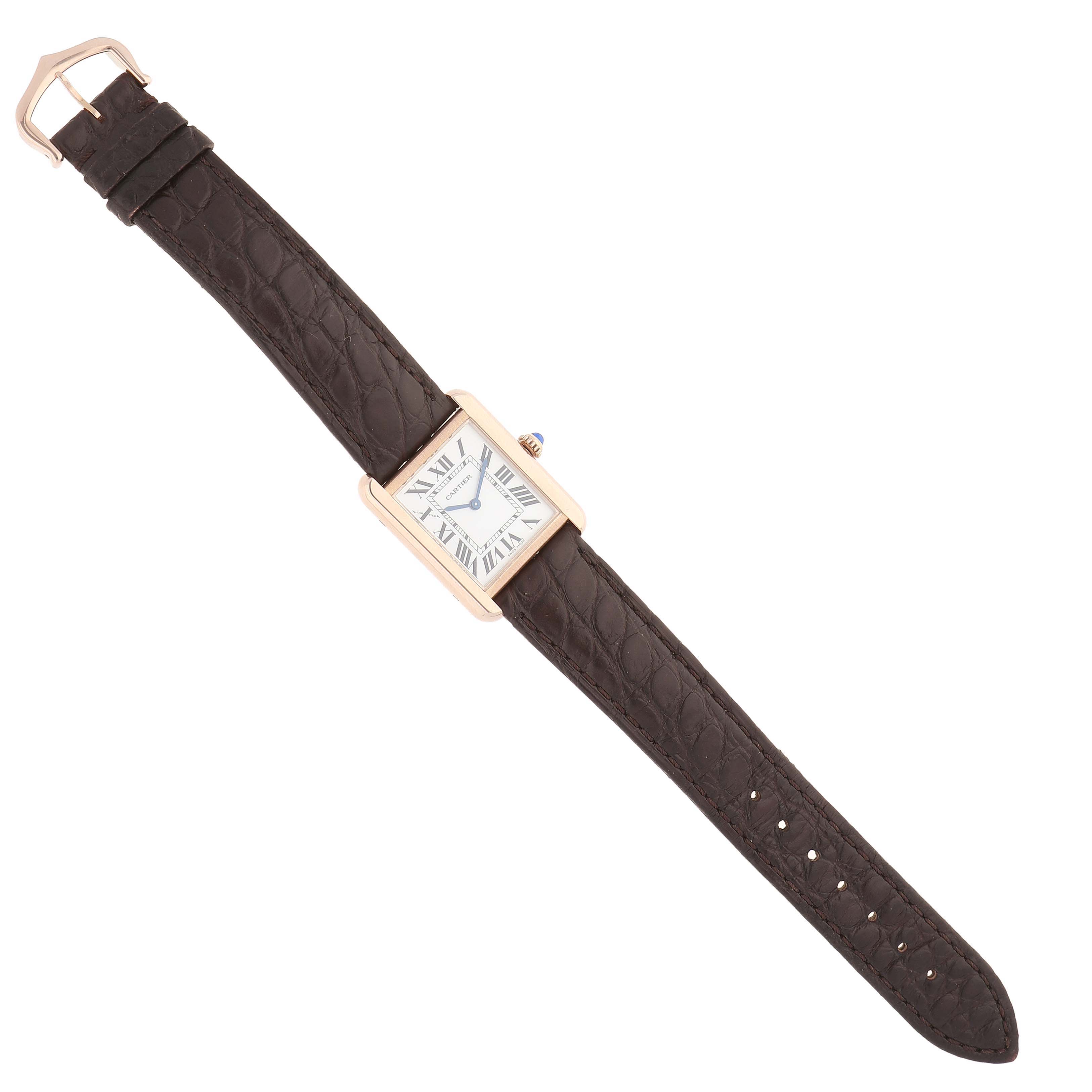 The Cartier Tank Solo W5200024 Women's Rose Gold Silver Dial watch is shown top-down, displaying the full leather strap and rectangular face with Roman numerals.